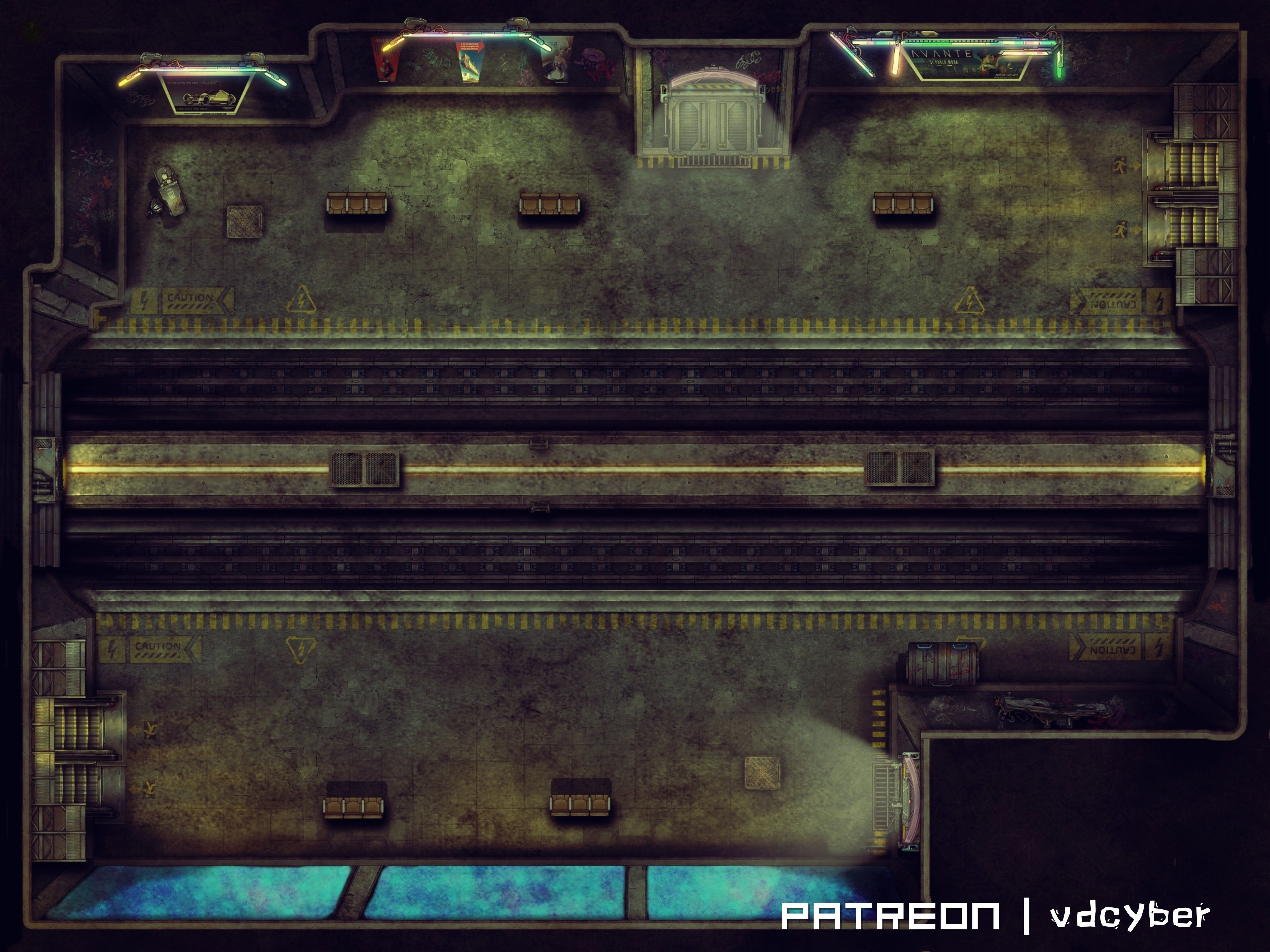 derelict subway map, carte de JDR post-apocalyptique (4096×3072 pixels) — battlemap pour Roll20 et Foundry VTT.