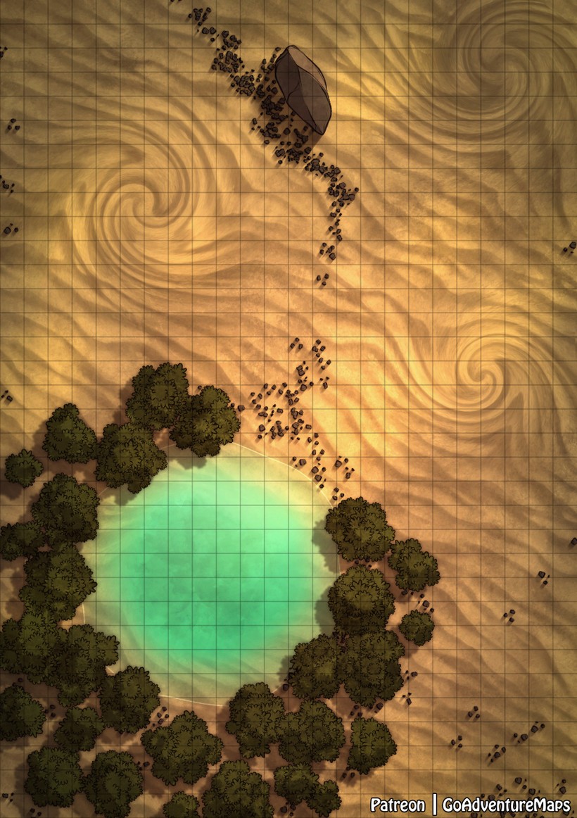 desert oasis map dnd, carte de JDR fantasy (820×1162 pixels) — battlemap pour Roll20 et Foundry VTT.