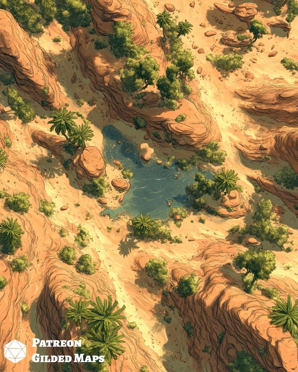 desert oasis map dnd, carte de JDR fantasy (960×1200 pixels) — battlemap pour Roll20 et Foundry VTT.