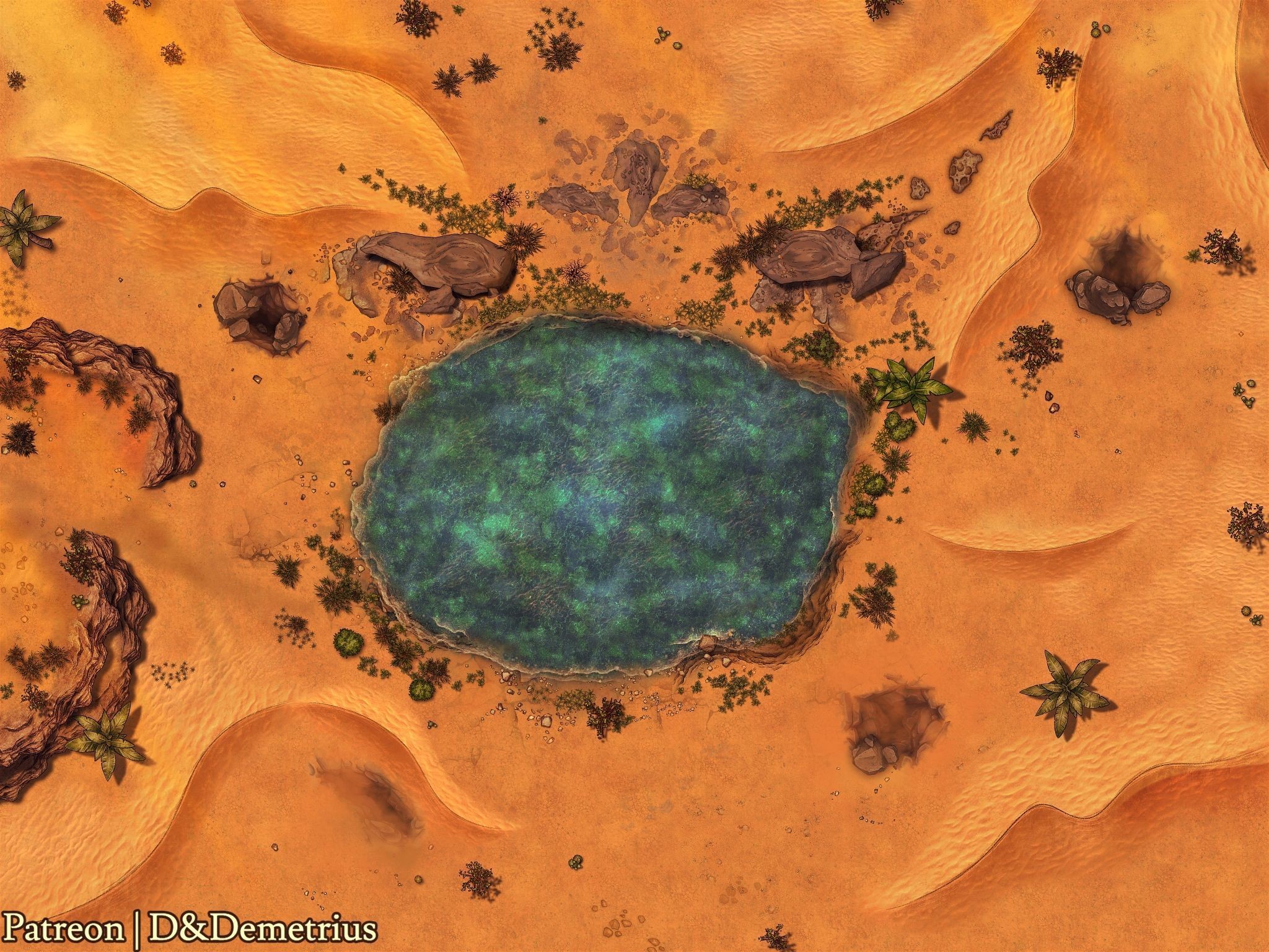 desert oasis map dnd, carte de JDR fantasy (2048×1536 pixels) — battlemap pour Roll20 et Foundry VTT.