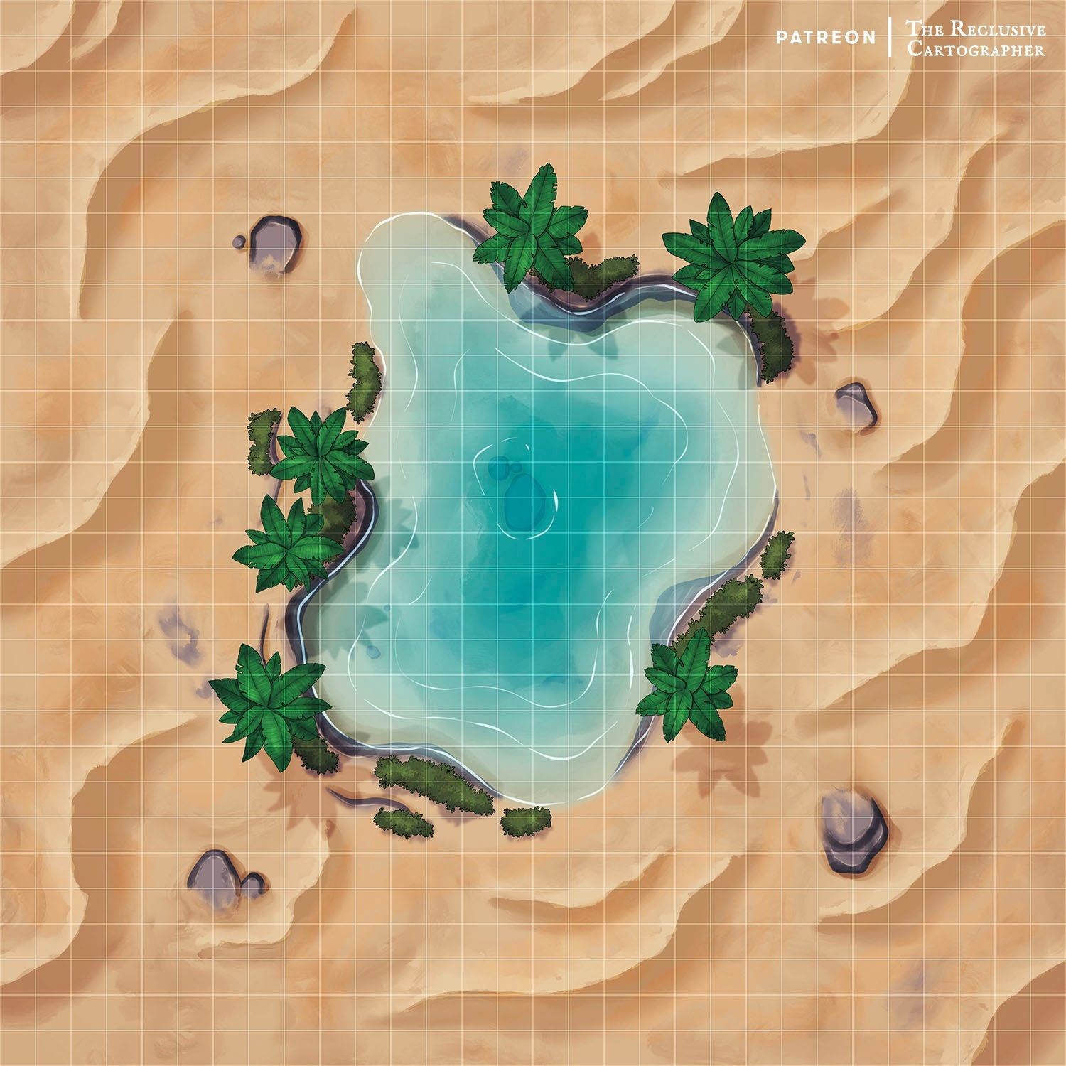 desert oasis map dnd, carte de JDR fantasy (1500×1500 pixels) — battlemap pour Roll20 et Foundry VTT.