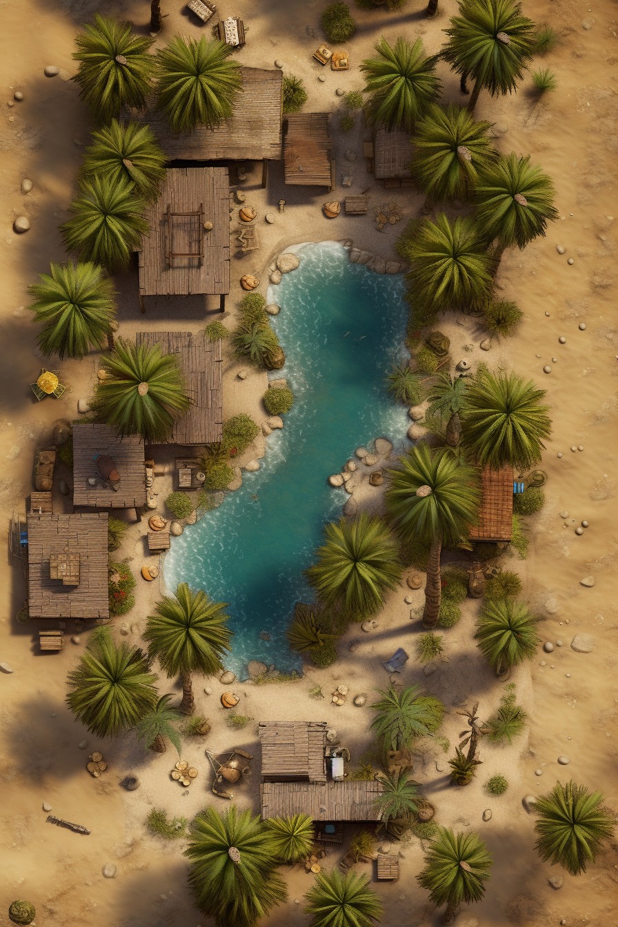 desert oasis map dnd, carte de JDR fantasy (896×1344 pixels) — battlemap pour Roll20 et Foundry VTT.