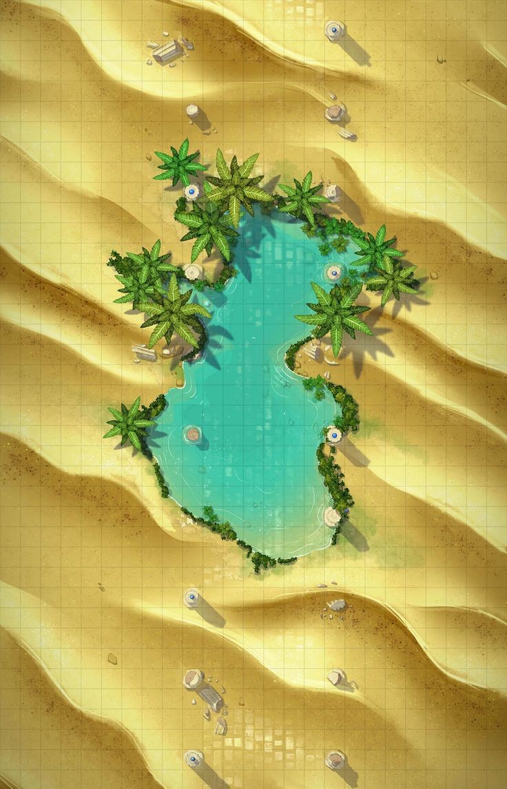 desert oasis map dnd, carte de JDR fantasy (736×1146 pixels) — battlemap pour Roll20 et Foundry VTT.