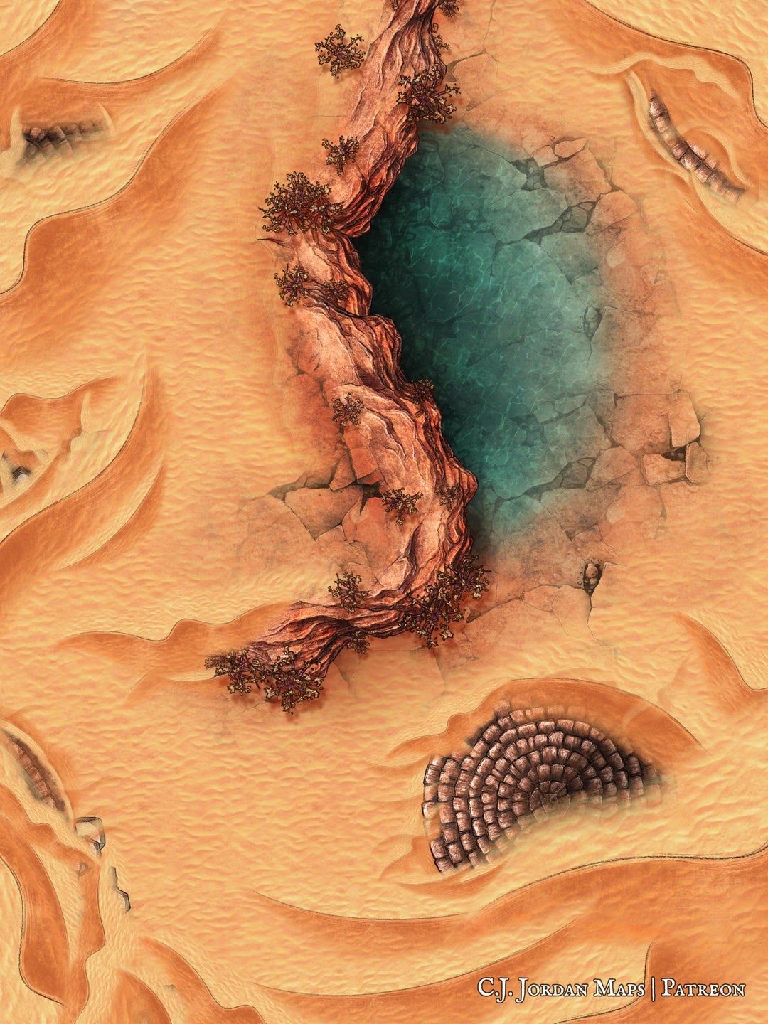 desert oasis map dnd, carte de JDR fantasy (1080×1440 pixels) — battlemap pour Roll20 et Foundry VTT.
