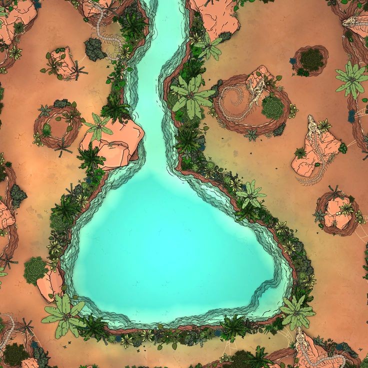 desert oasis map dnd, carte de JDR fantasy (736×736 pixels) — battlemap pour Roll20 et Foundry VTT.