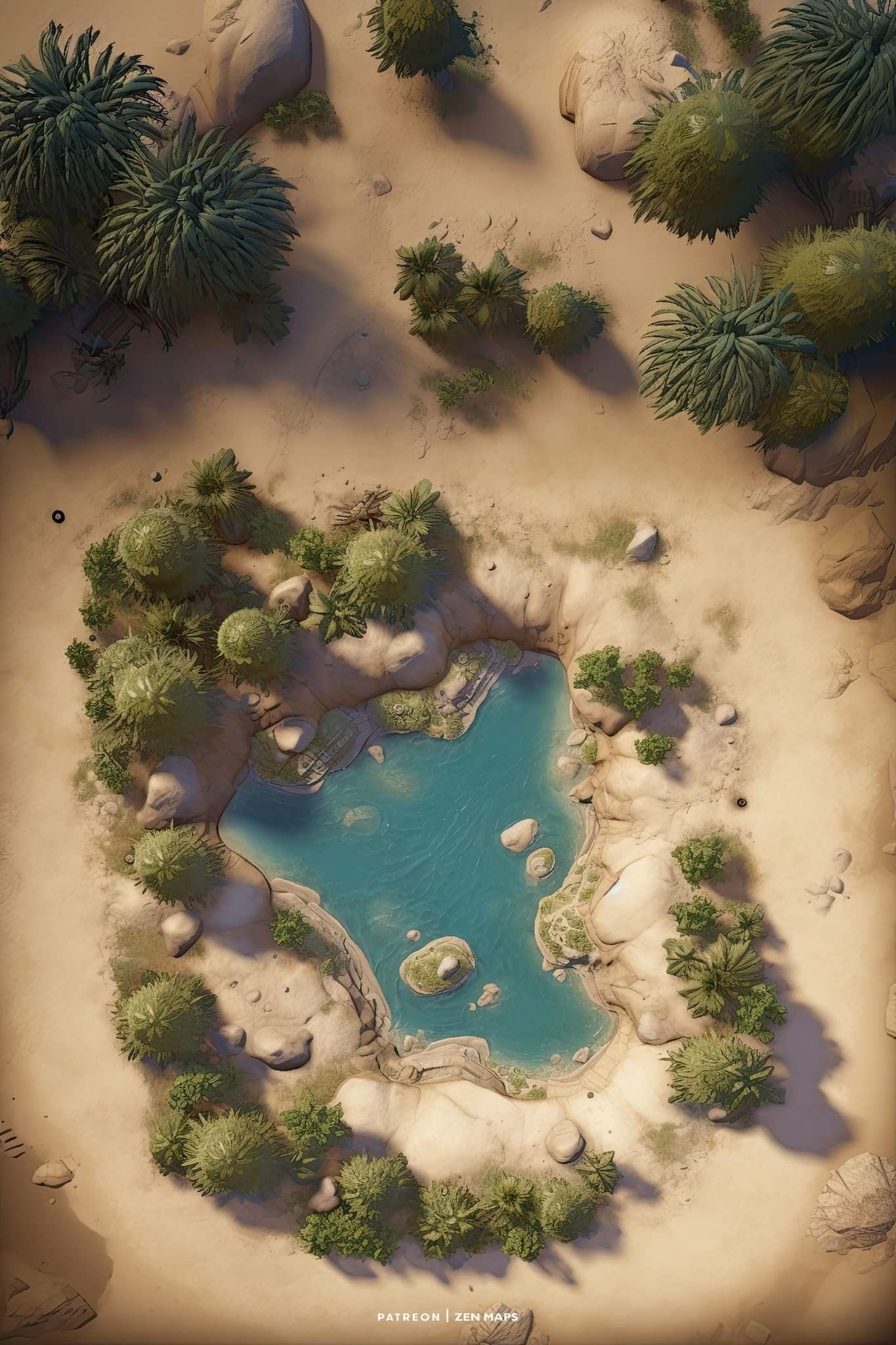 desert oasis map dnd, carte de JDR fantasy (1365×2048 pixels) — battlemap pour Roll20 et Foundry VTT.