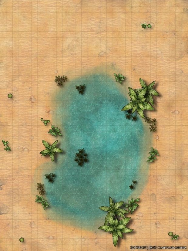 desert oasis map dnd, carte de JDR fantasy (620×827 pixels) — battlemap pour Roll20 et Foundry VTT.
