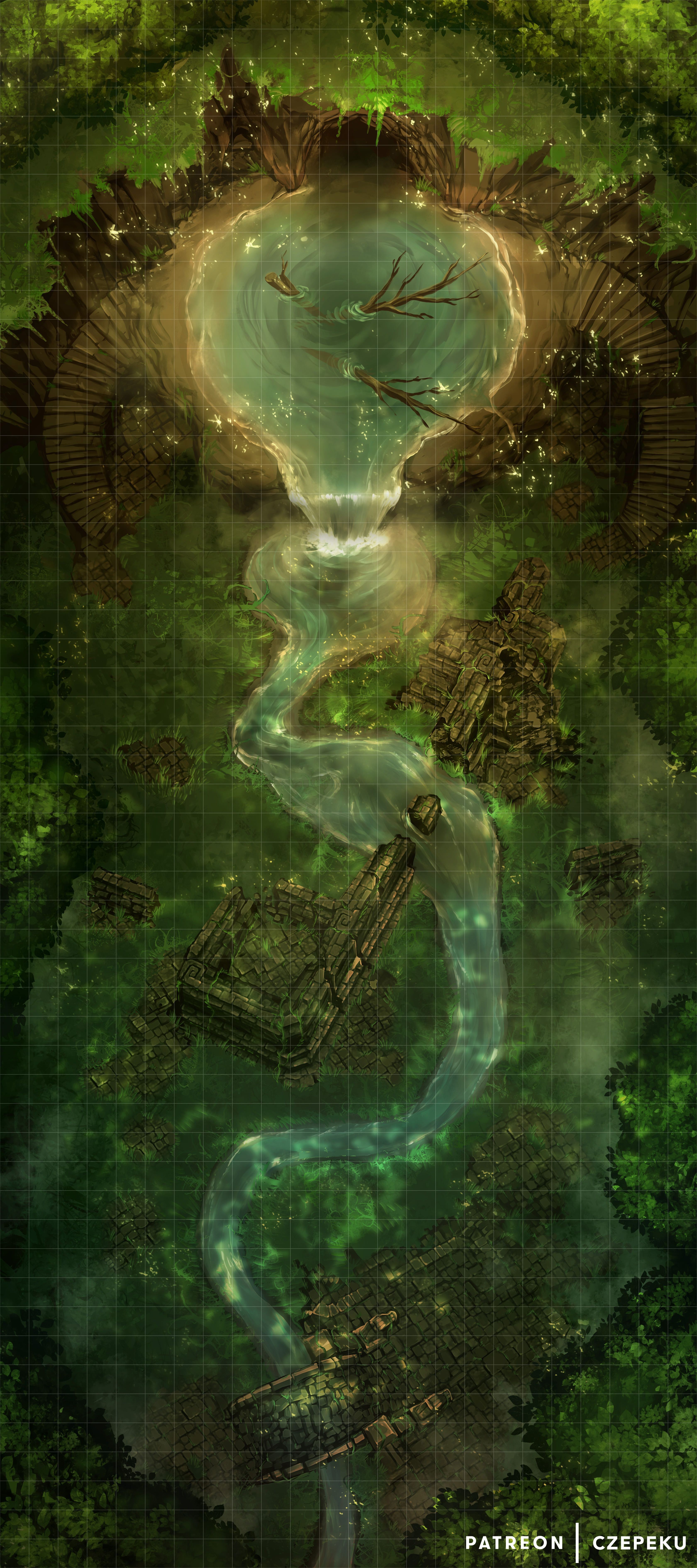 dnd battlemap, carte de JDR fantasy (3360×7560 pixels) — battlemap pour Roll20 et Foundry VTT.