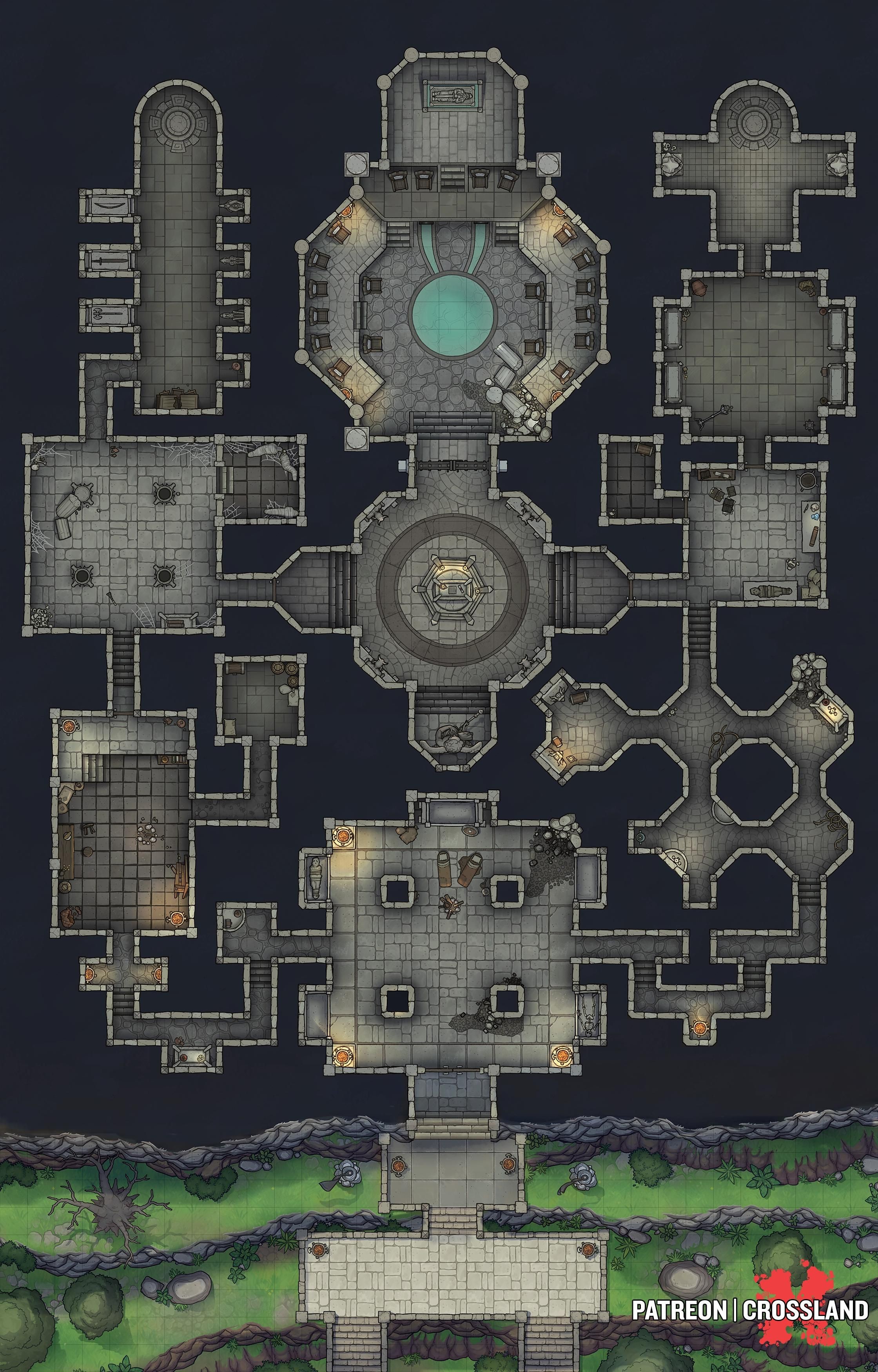 dungeon map, carte de JDR fantasy (2240×3500 pixels) — battlemap pour Roll20 et Foundry VTT.