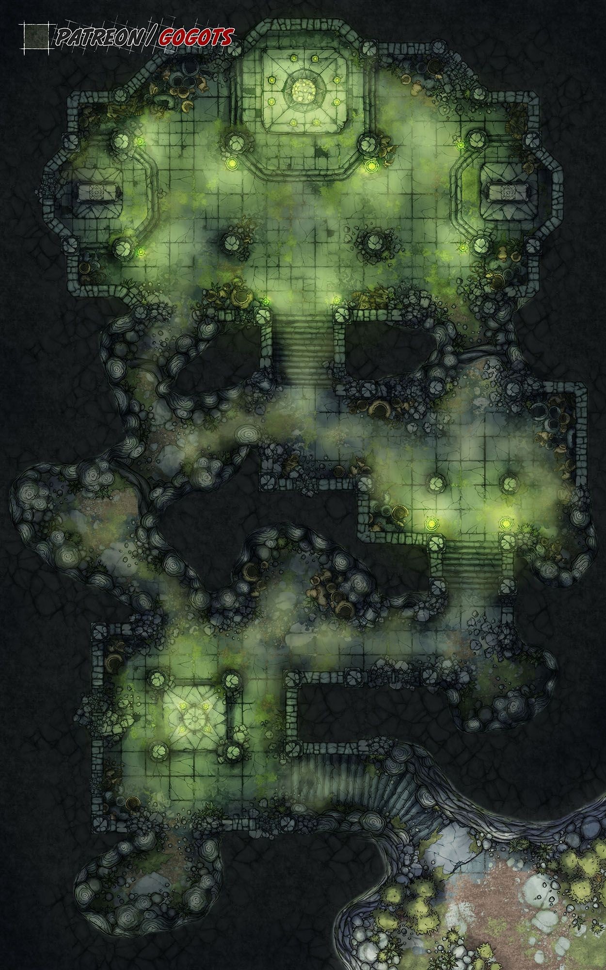 dungeon map dnd, carte de JDR fantasy (1250×2000 pixels) — battlemap pour Roll20 et Foundry VTT.