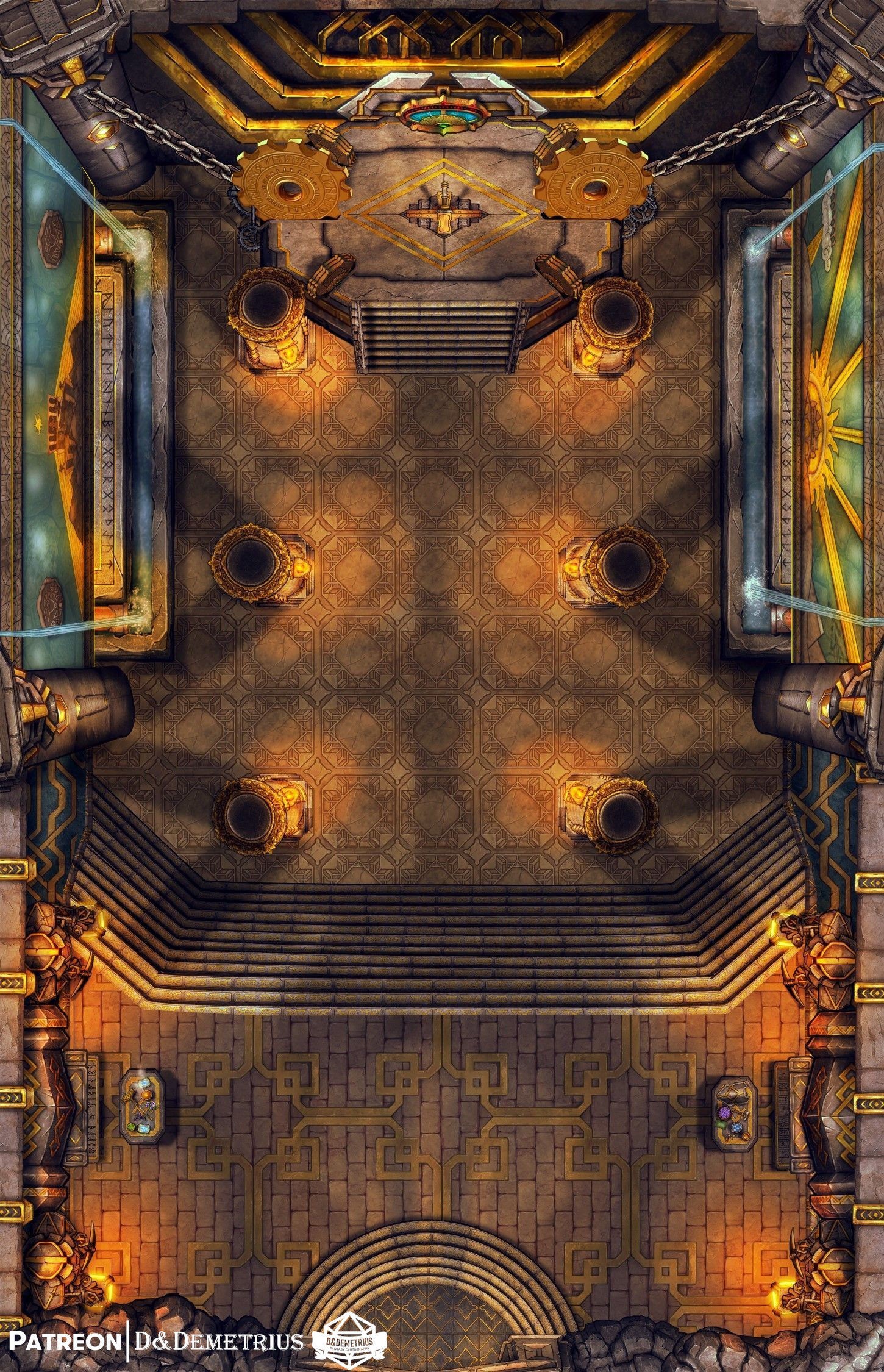 dwarven hall map dnd, carte de JDR fantasy (1450×2250 pixels) — battlemap pour Roll20 et Foundry VTT.