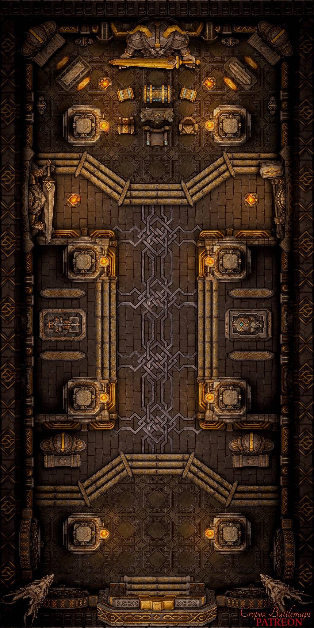 dwarven hall map dnd, carte de JDR fantasy (1024×2048 pixels) — battlemap pour Roll20 et Foundry VTT.