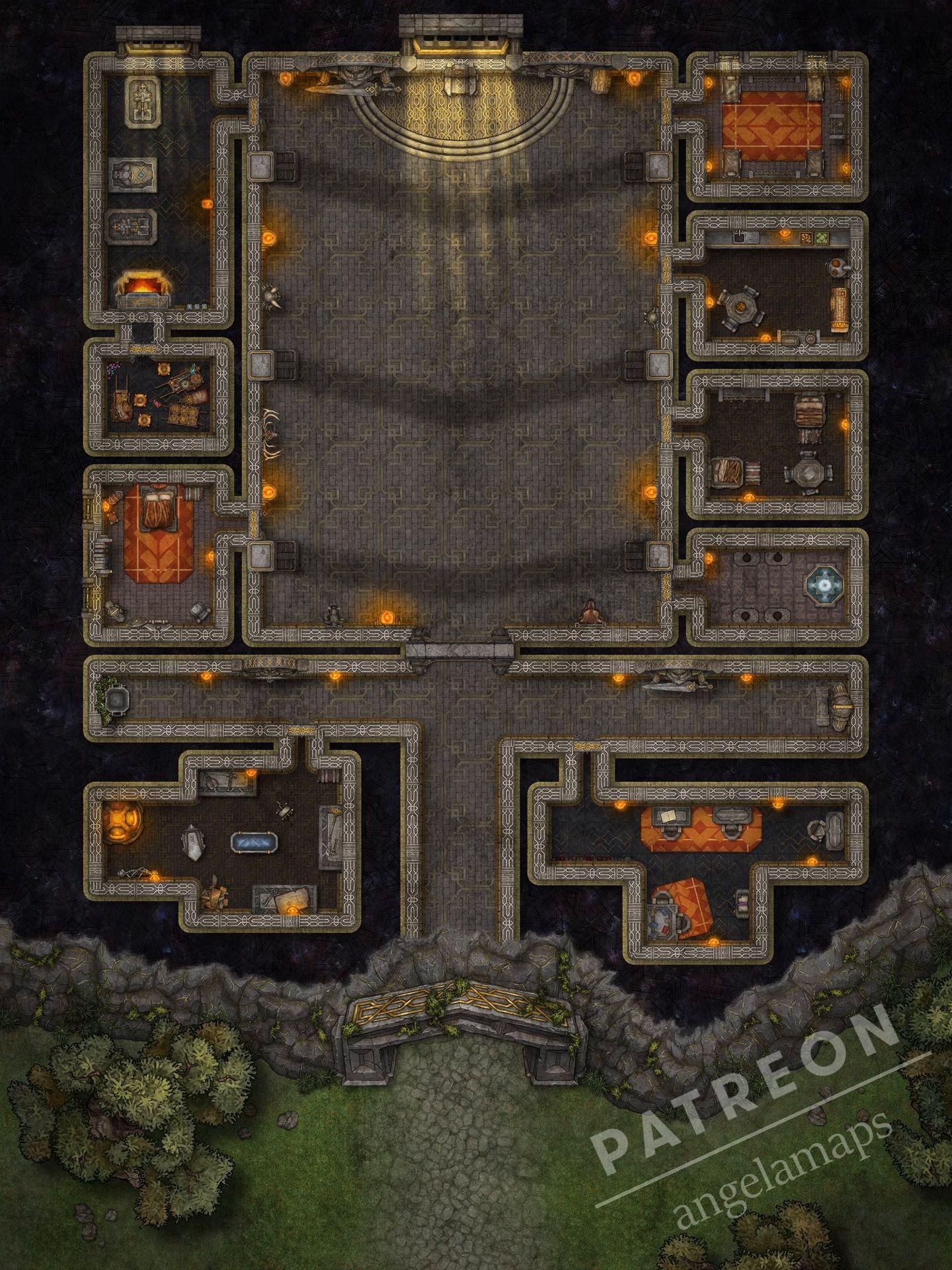 dwarven hall map dnd, carte de JDR fantasy (1440×1920 pixels) — battlemap pour Roll20 et Foundry VTT.