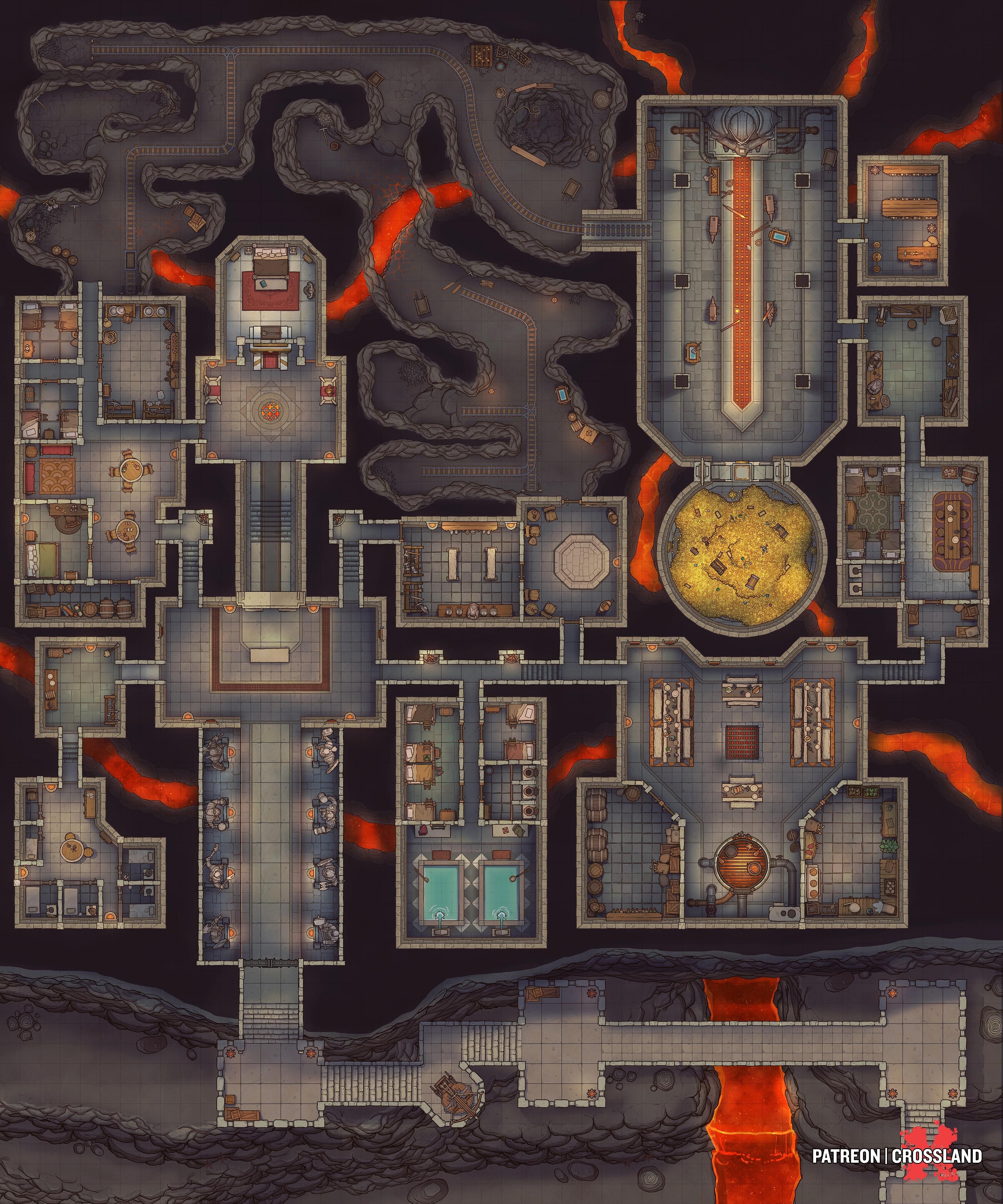 dwarven hall map dnd, carte de JDR fantasy (3500×4200 pixels) — battlemap pour Roll20 et Foundry VTT.