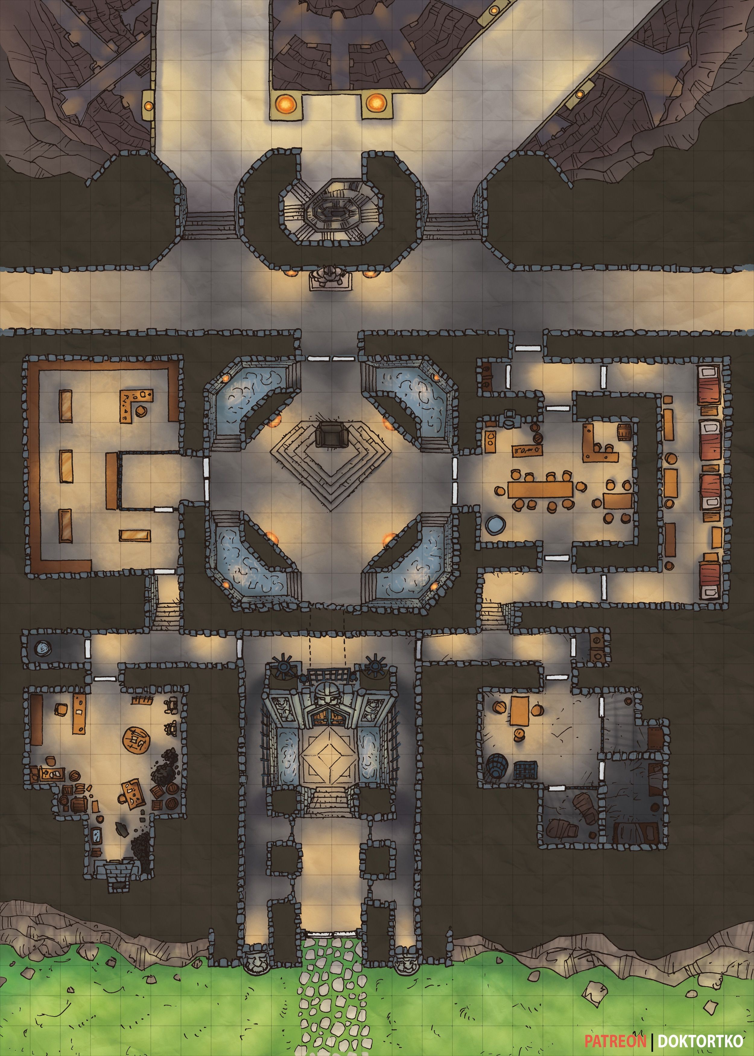 dwarven hall map dnd, carte de JDR fantasy (2500×3500 pixels) — battlemap pour Roll20 et Foundry VTT.