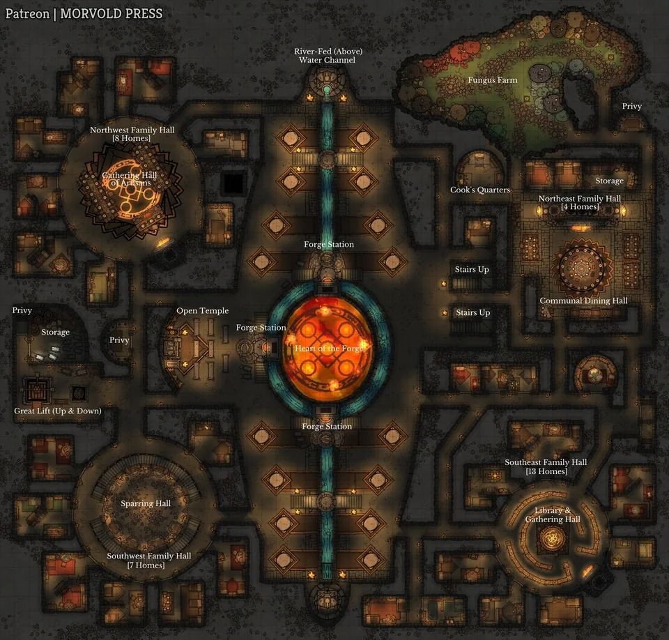 dwarven hall map dnd, carte de JDR fantasy (960×918 pixels) — battlemap pour Roll20 et Foundry VTT.
