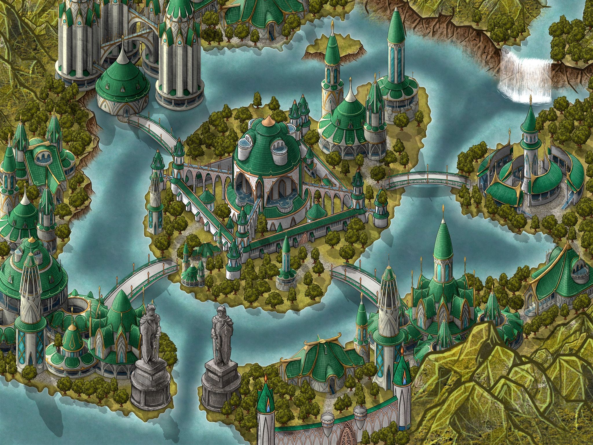 elven city map, carte de JDR fantasy (2048×1536 pixels) — battlemap pour Roll20 et Foundry VTT.