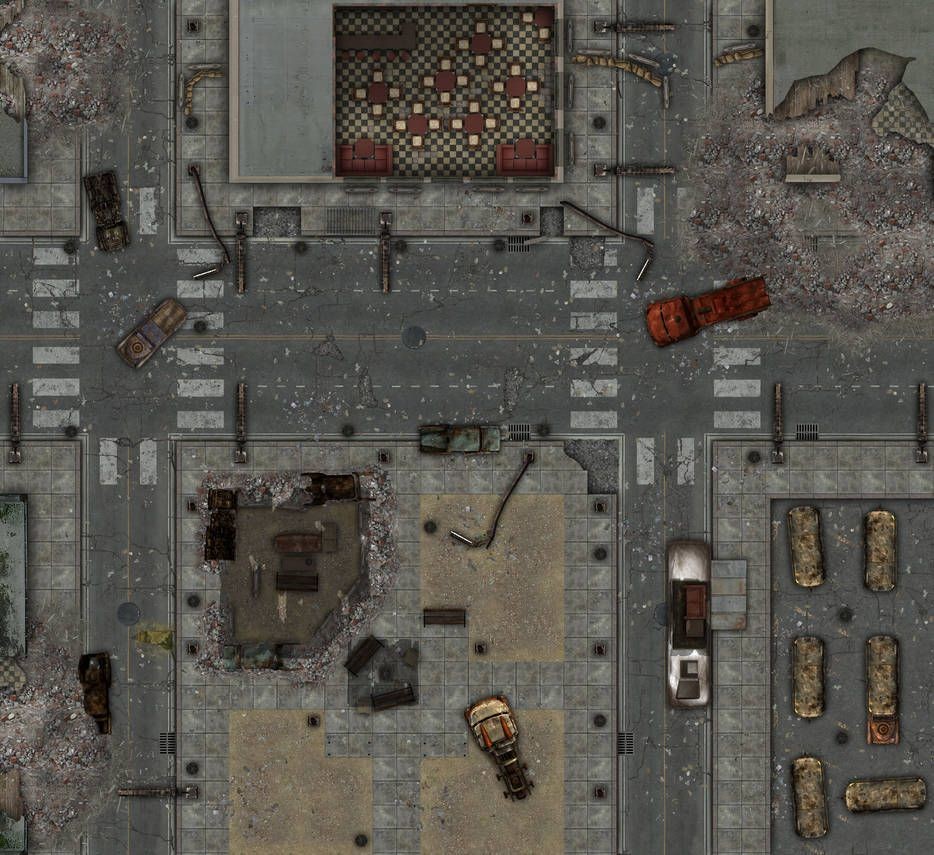 fallout battlemap, carte de JDR post-apocalyptique (934×855 pixels) — battlemap pour Roll20 et Foundry VTT.
