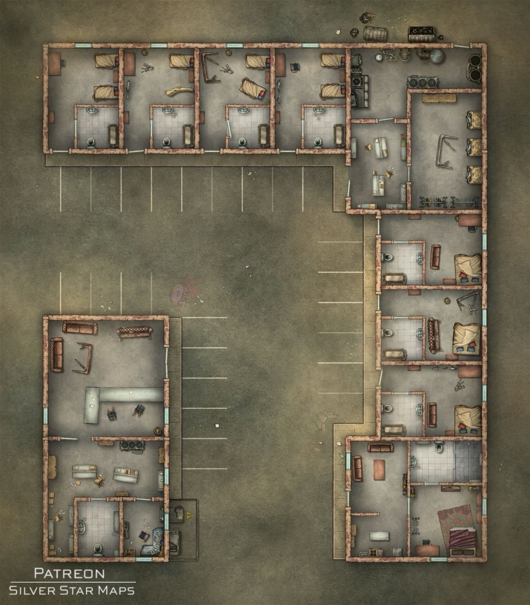 fallout battlemap, carte de JDR post-apocalyptique (1050×1200 pixels) — battlemap pour Roll20 et Foundry VTT.