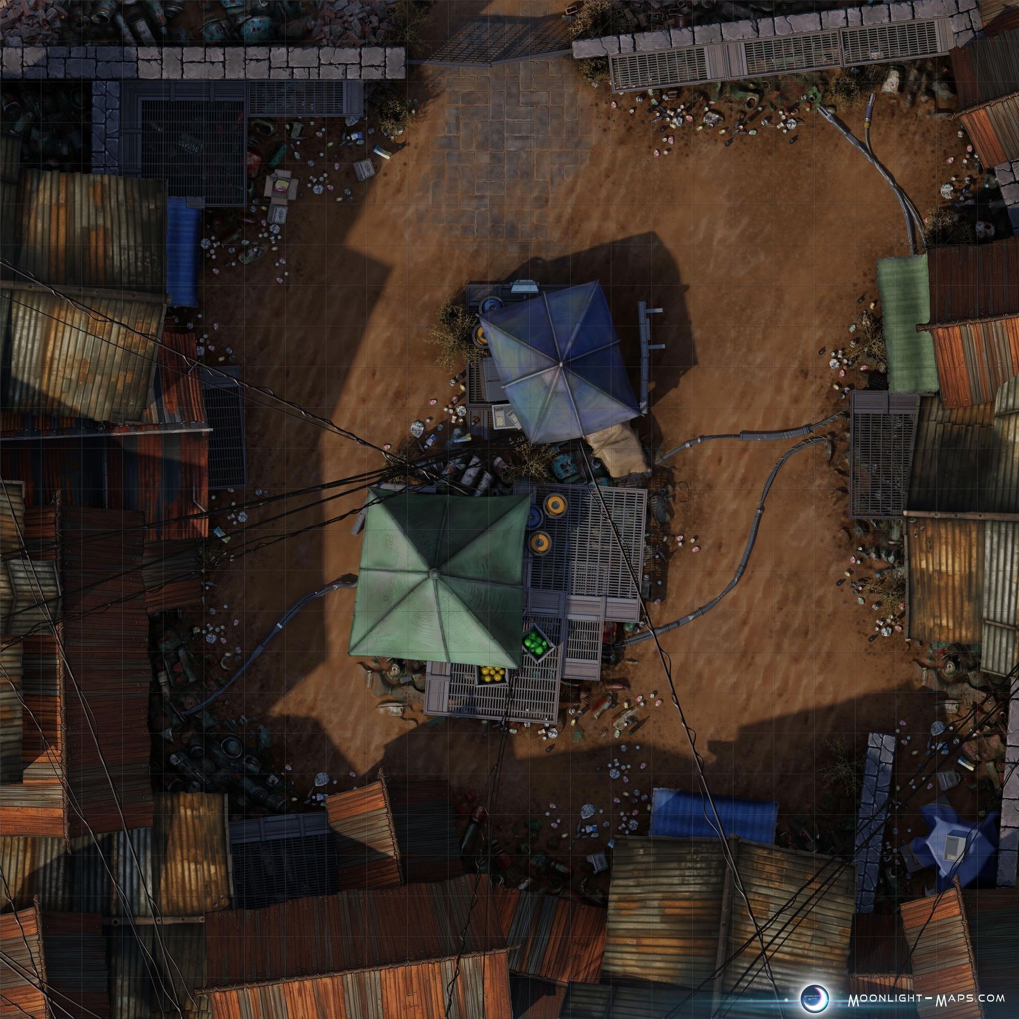 fallout battlemap, carte de JDR post-apocalyptique (2000×2000 pixels) — battlemap pour Roll20 et Foundry VTT.