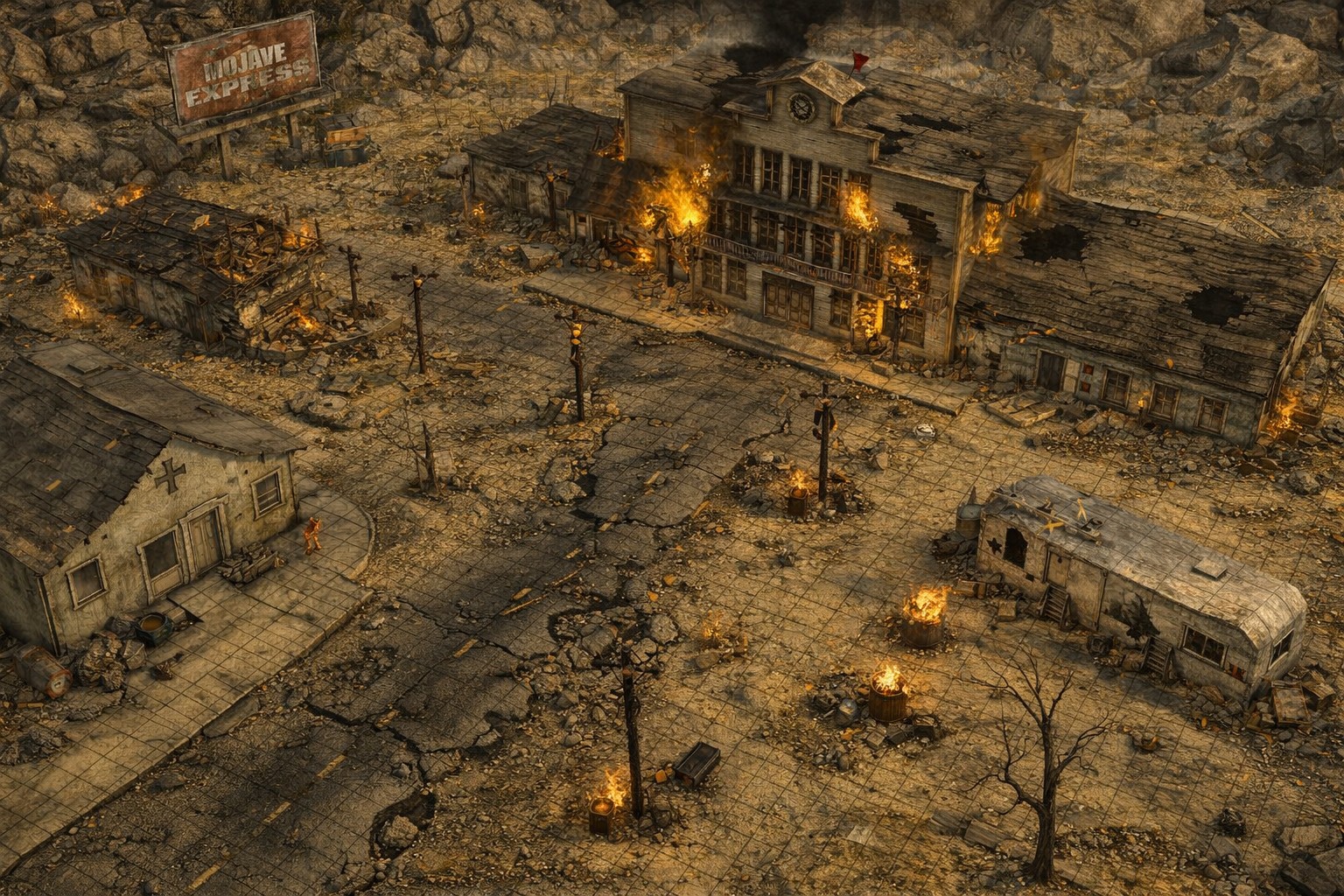 fallout battlemap, carte de JDR post-apocalyptique (1536×1024 pixels) — battlemap pour Roll20 et Foundry VTT.