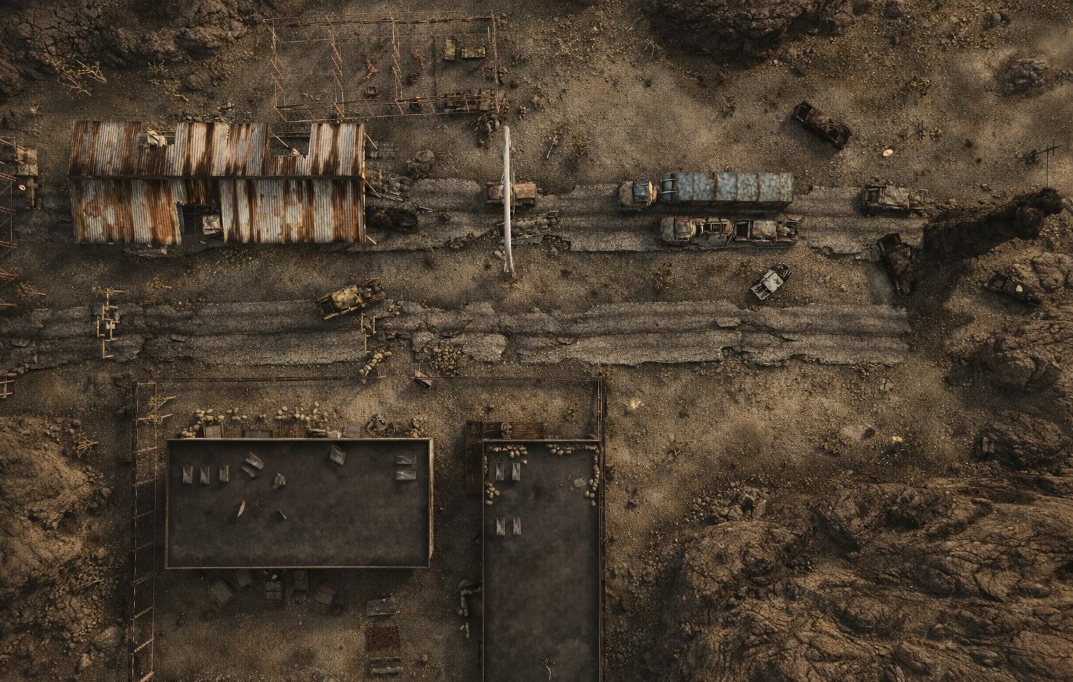 fallout battlemap, carte de JDR post-apocalyptique (1536×976 pixels) — battlemap pour Roll20 et Foundry VTT.