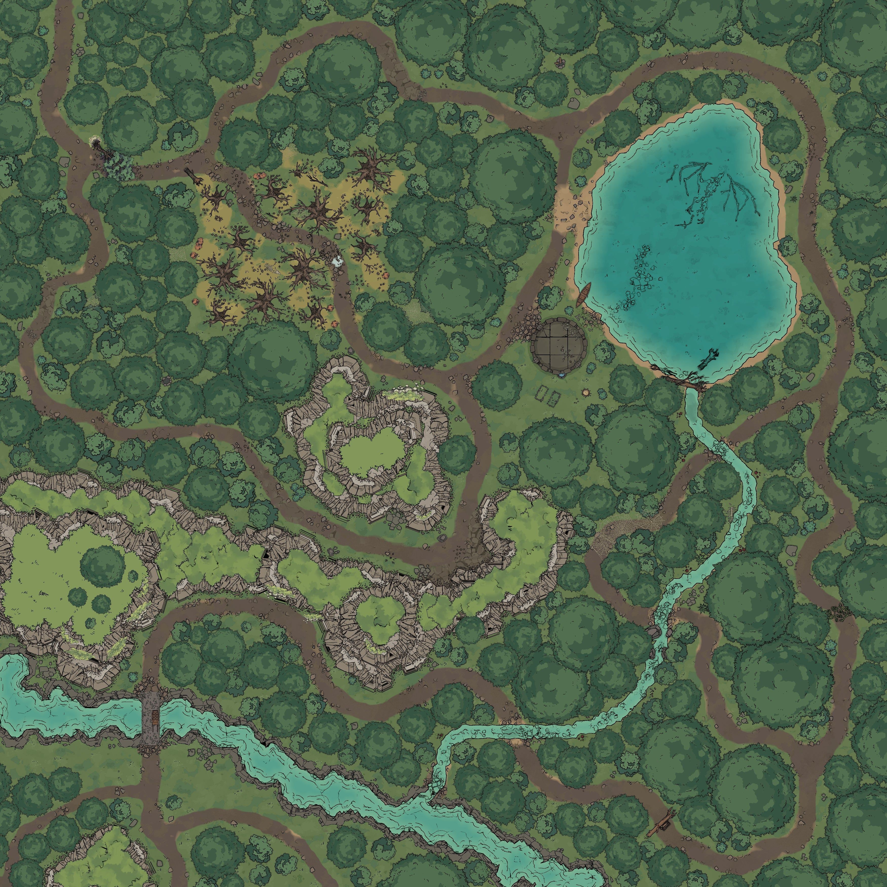 forest map dnd, carte de JDR fantasy (3500×3500 pixels) — battlemap pour Roll20 et Foundry VTT.