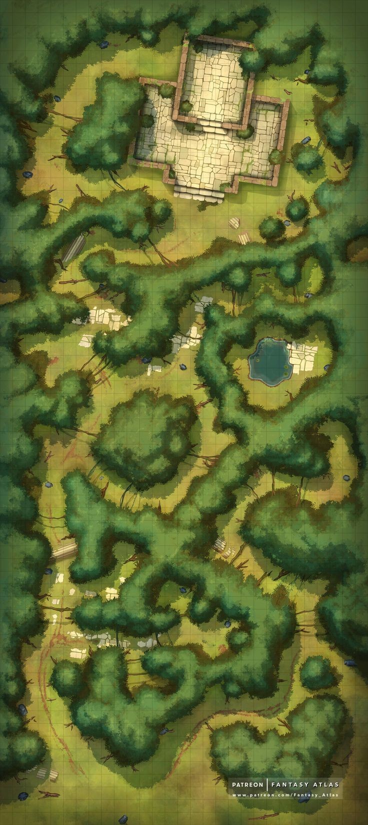 forest map dnd, carte de JDR fantasy (736×1649 pixels) — battlemap pour Roll20 et Foundry VTT.