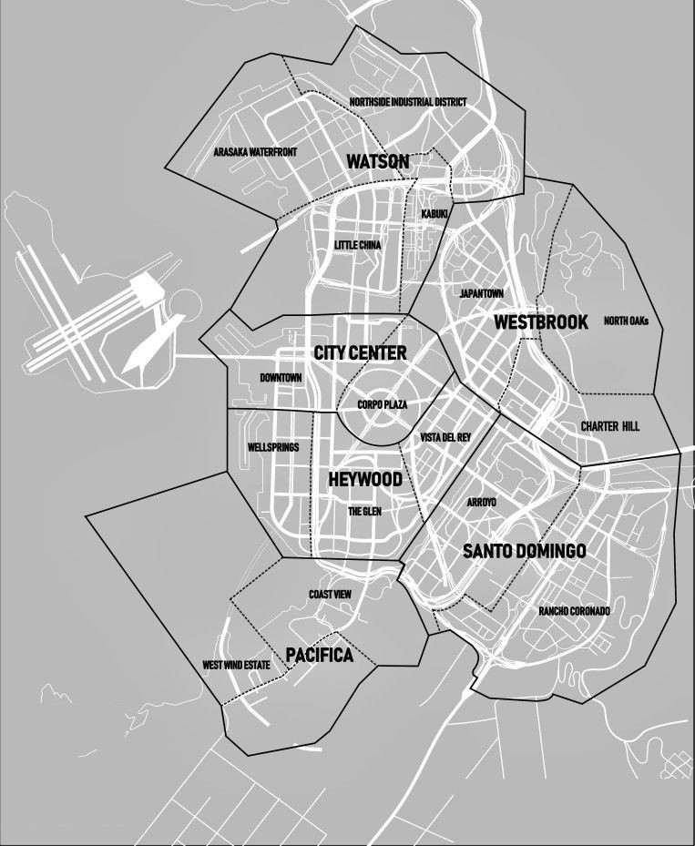 futuristic city map, carte de JDR science-fiction (763×929 pixels) — battlemap pour Roll20 et Foundry VTT.