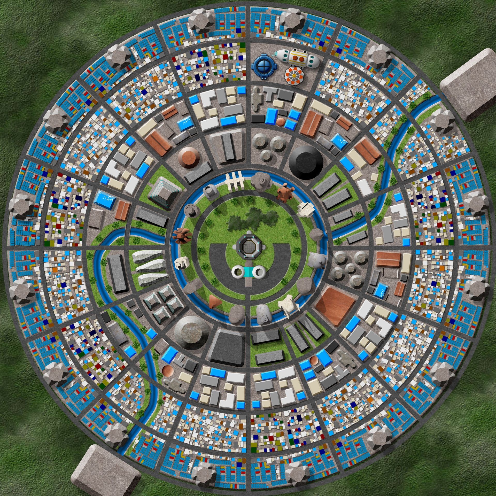 futuristic city map, carte de JDR science-fiction (1920×1920 pixels) — battlemap pour Roll20 et Foundry VTT.
