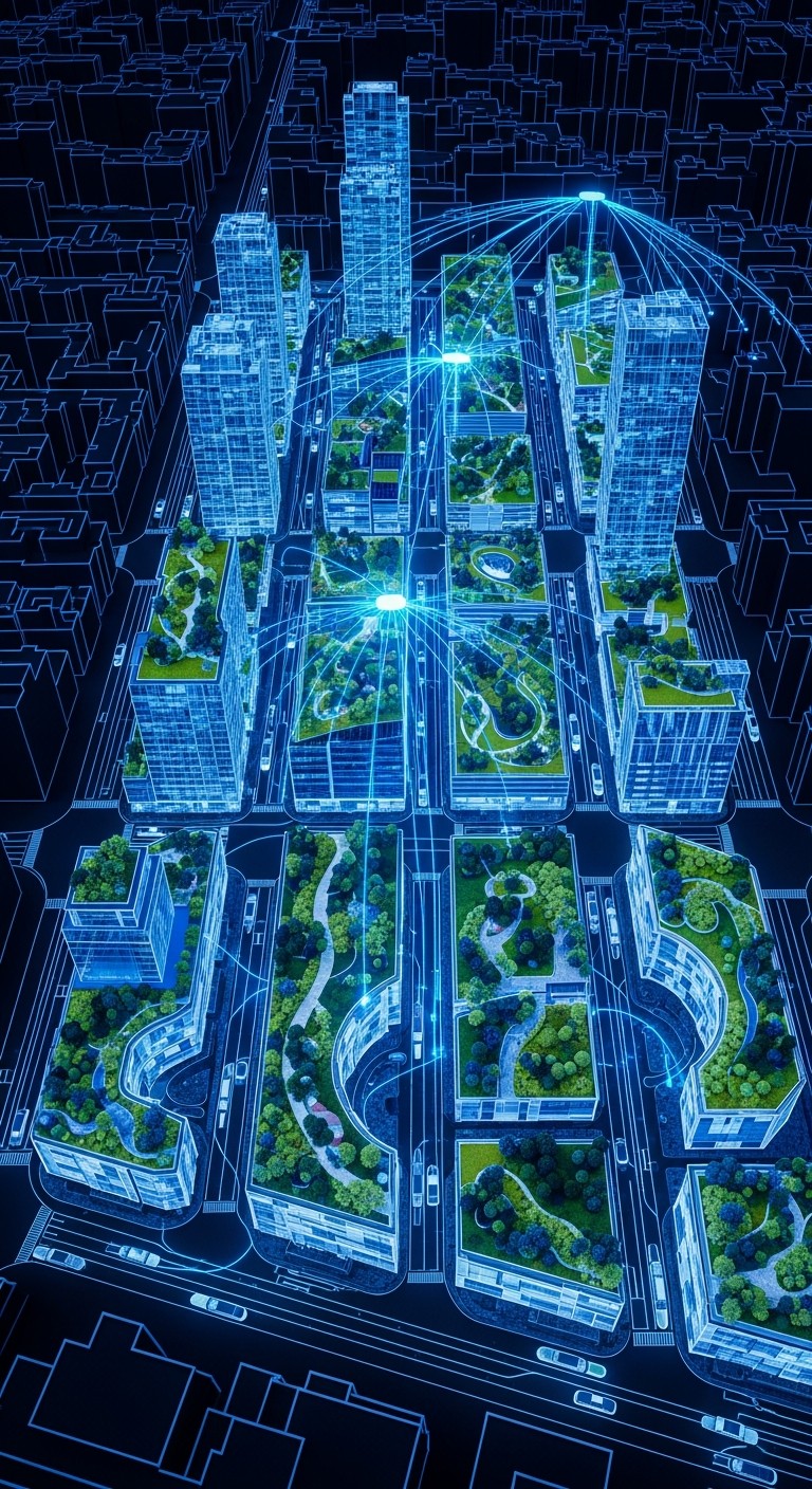 futuristic city map, carte de JDR science-fiction (768×1408 pixels) — battlemap pour Roll20 et Foundry VTT.