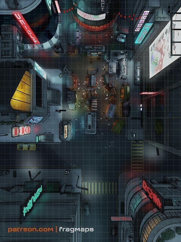 futuristic city map, carte de JDR science-fiction (735×981 pixels) — battlemap pour Roll20 et Foundry VTT.