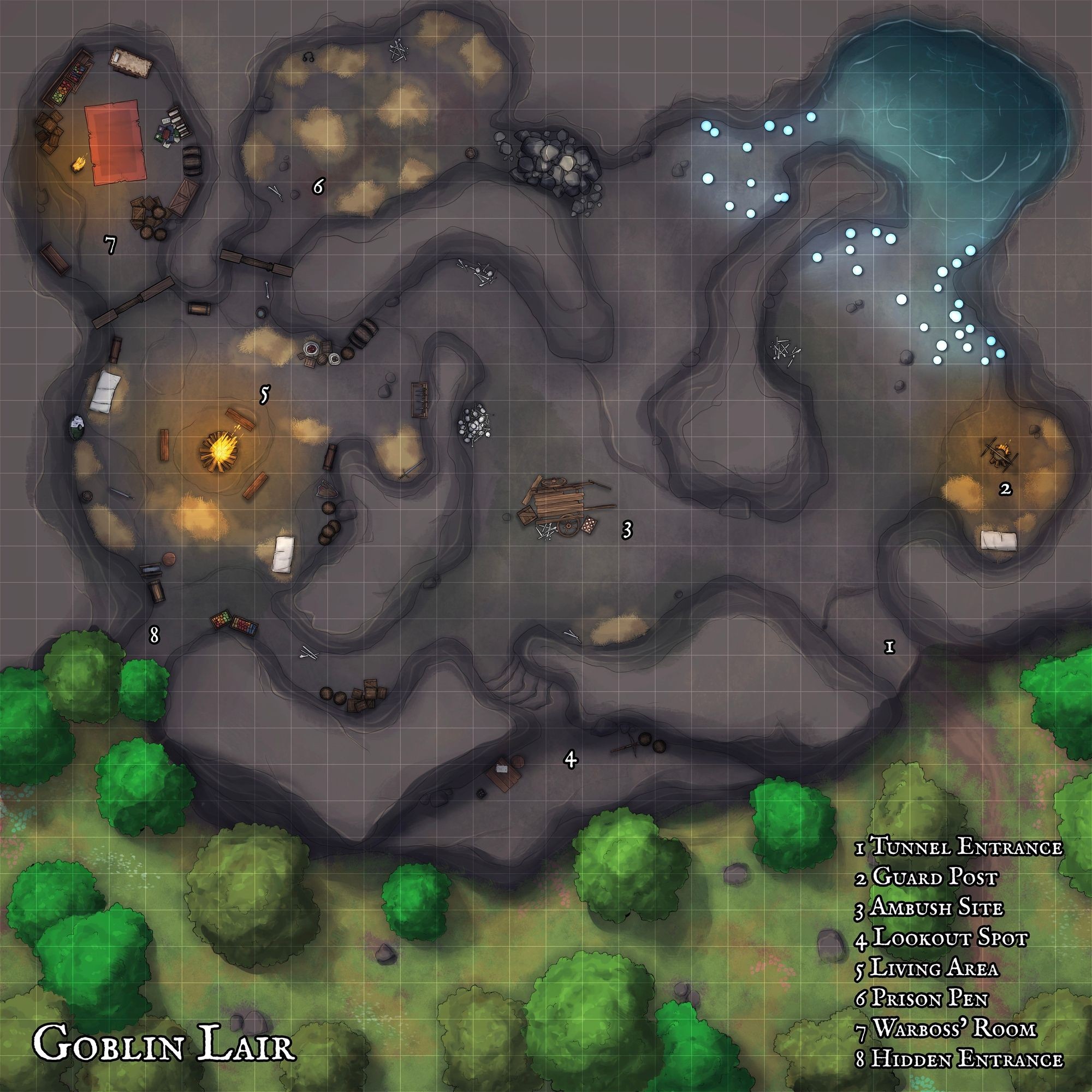 goblin lair map, carte de JDR fantasy (2000×2000 pixels) — battlemap pour Roll20 et Foundry VTT.