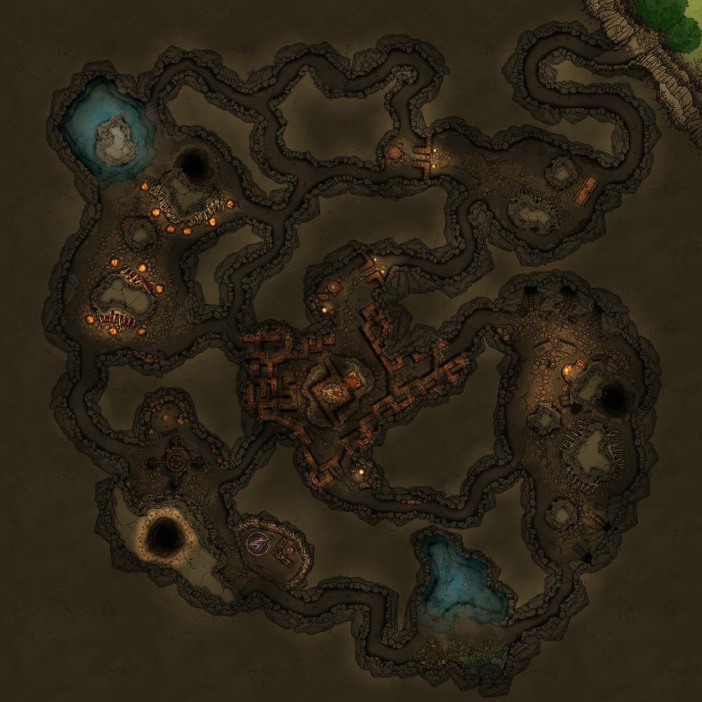goblin lair map, carte de JDR fantasy (1000×1000 pixels) — battlemap pour Roll20 et Foundry VTT.