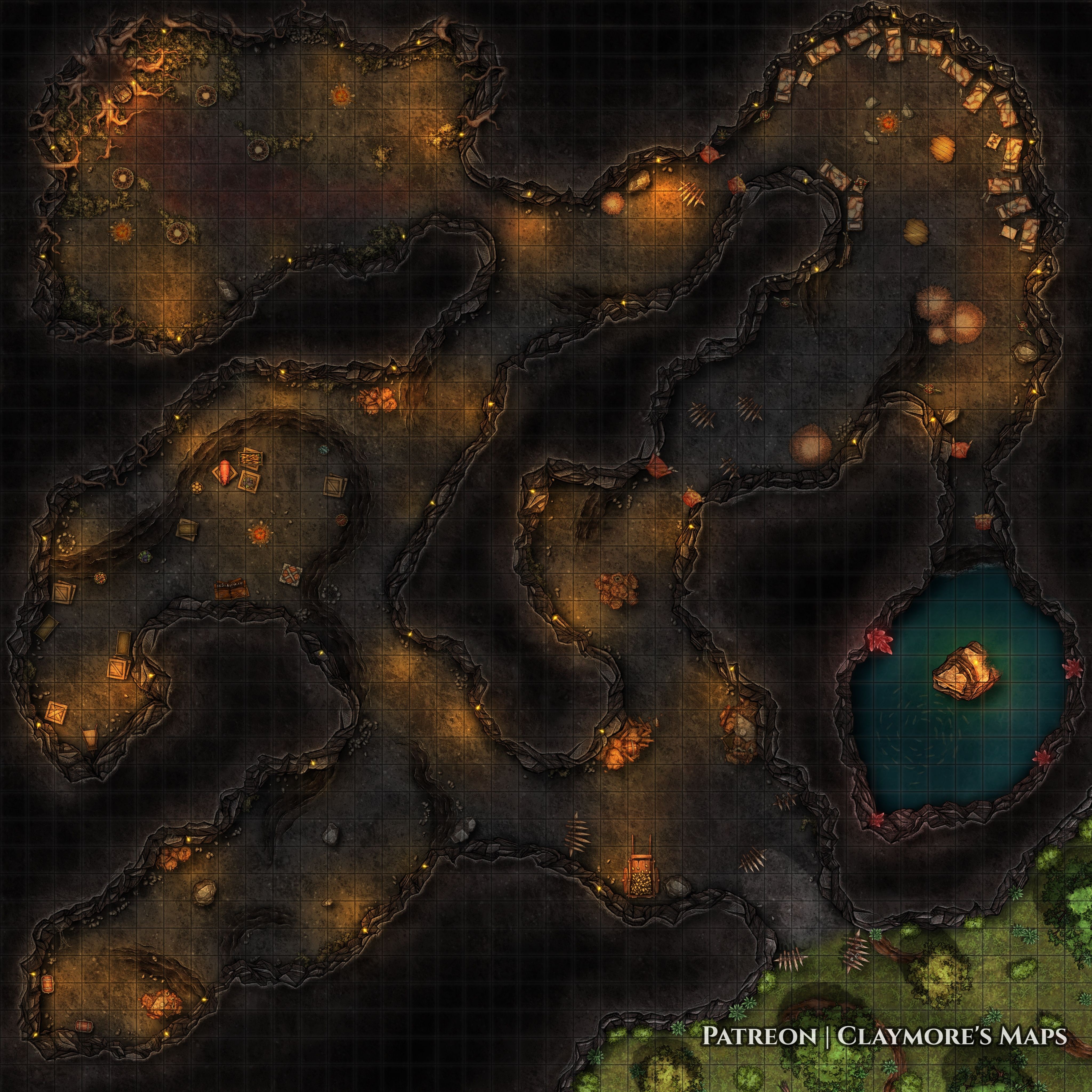 goblin lair map, carte de JDR fantasy (4096×4096 pixels) — battlemap pour Roll20 et Foundry VTT.
