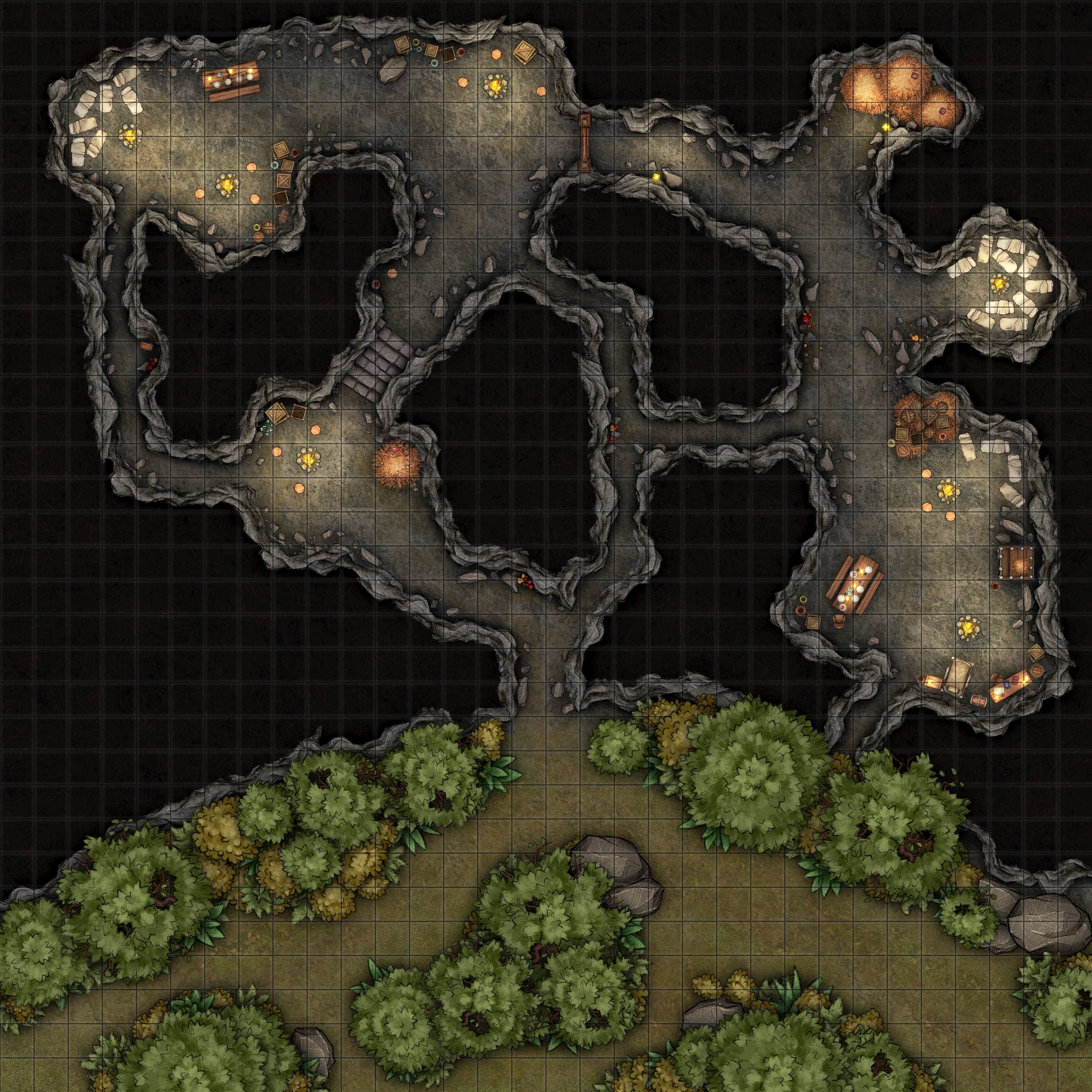 goblin lair map, carte de JDR fantasy (4096×4096 pixels) — battlemap pour Roll20 et Foundry VTT.