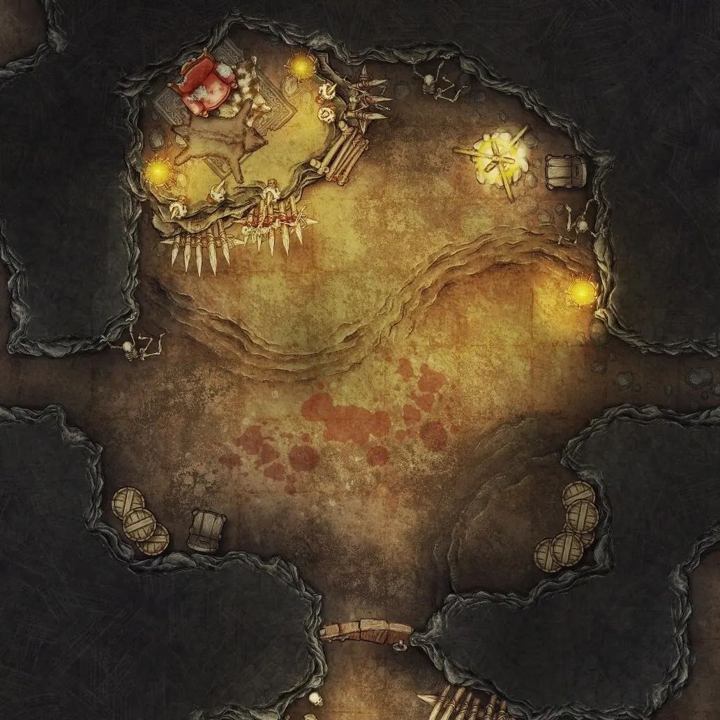 goblin lair map, carte de JDR fantasy (1032×1032 pixels) — battlemap pour Roll20 et Foundry VTT.