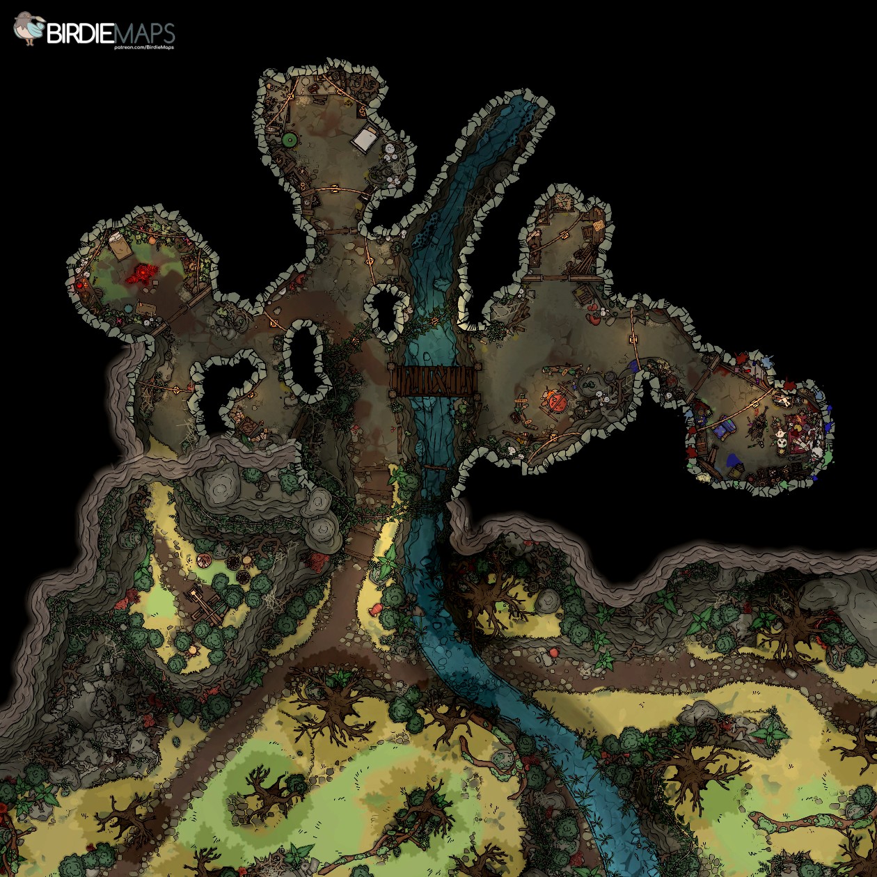 goblin lair map, carte de JDR fantasy (1260×1260 pixels) — battlemap pour Roll20 et Foundry VTT.
