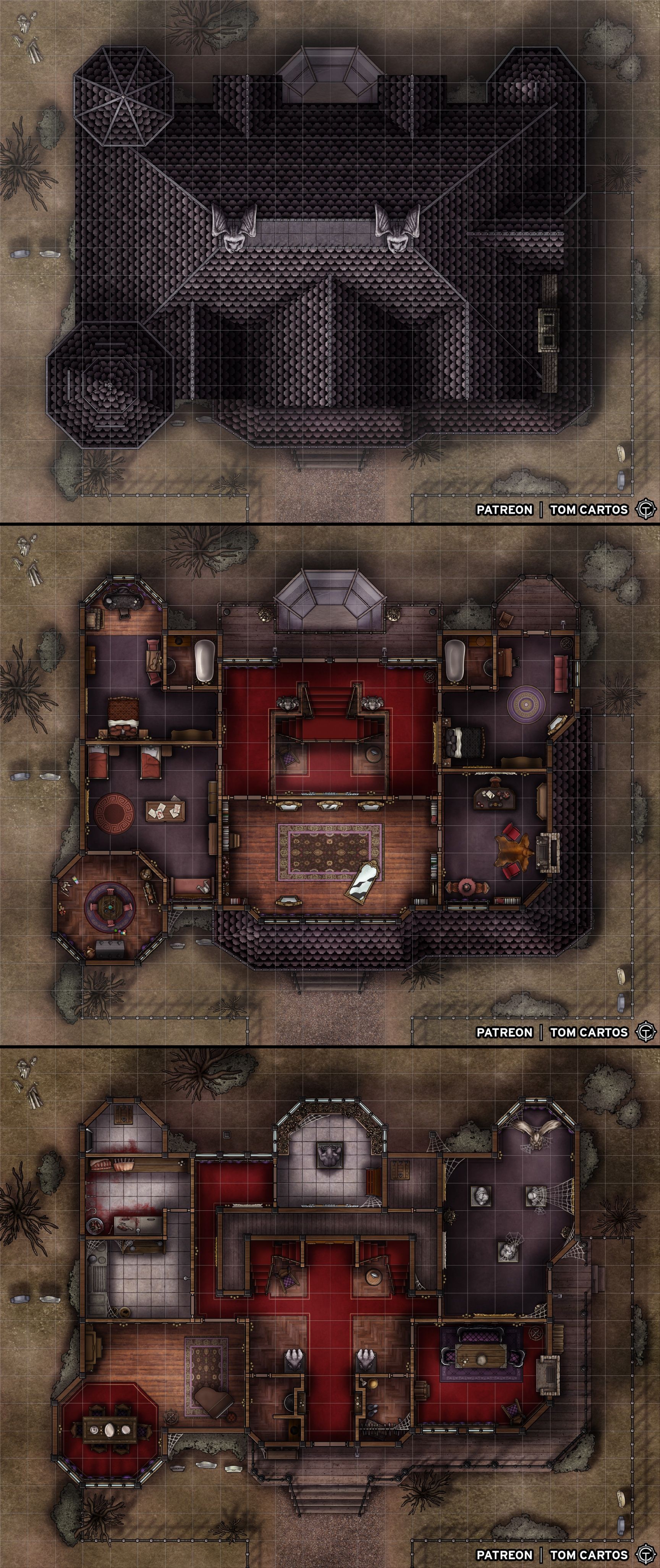haunted mansion map dnd, carte de JDR fantasy (1728×4104 pixels) — battlemap pour Roll20 et Foundry VTT.