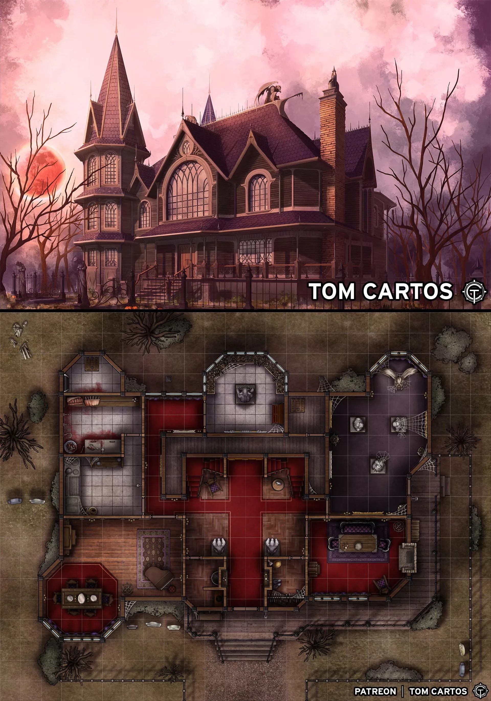 haunted mansion map dnd, carte de JDR fantasy (1920×2741 pixels) — battlemap pour Roll20 et Foundry VTT.