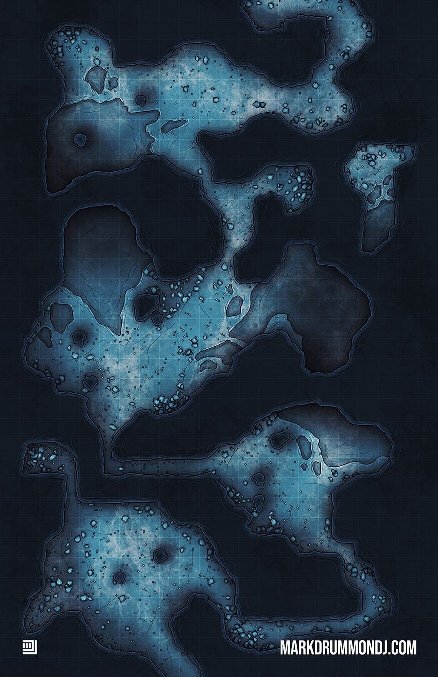 ice cavern map dnd, carte de JDR fantasy (880×1360 pixels) — battlemap pour Roll20 et Foundry VTT.