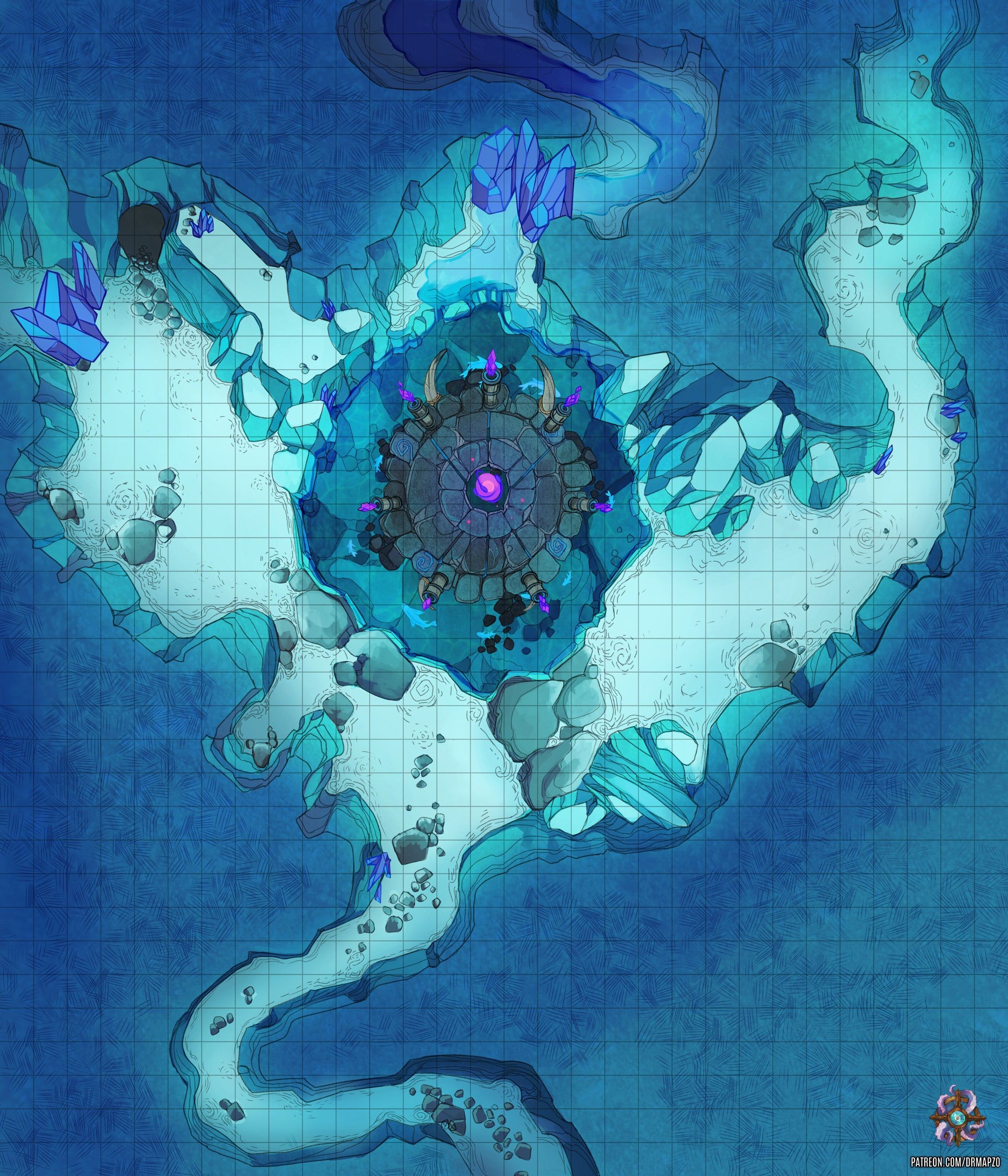 ice cavern map dnd, carte de JDR fantasy (2100×2450 pixels) — battlemap pour Roll20 et Foundry VTT.