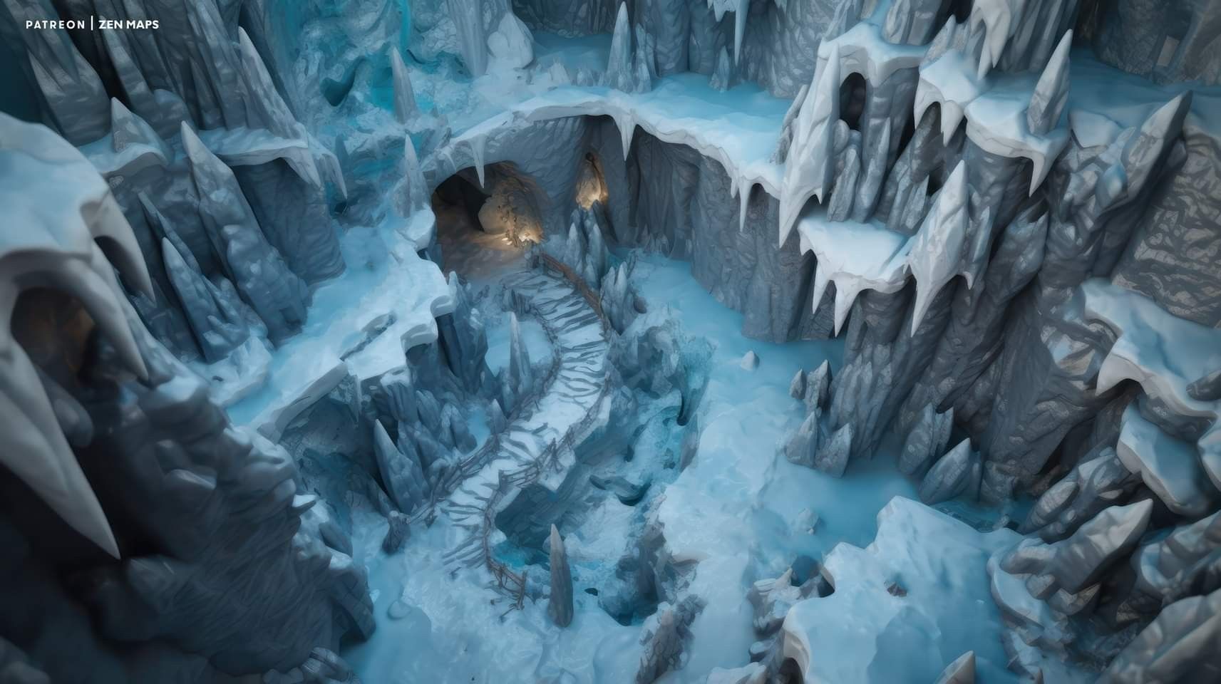 ice cavern map dnd, carte de JDR fantasy (1713×960 pixels) — battlemap pour Roll20 et Foundry VTT.
