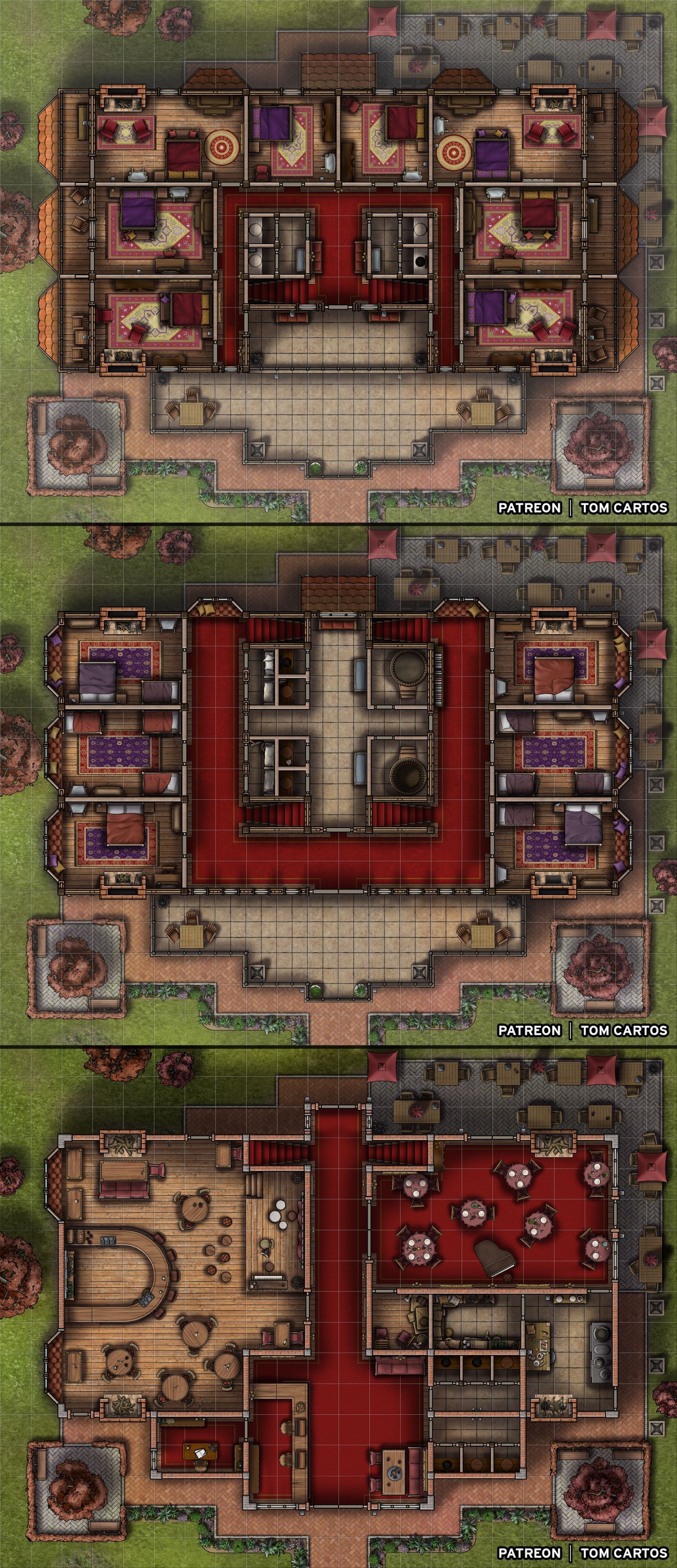 inn map dnd, carte de JDR fantasy (1584×3672 pixels) — battlemap pour Roll20 et Foundry VTT.