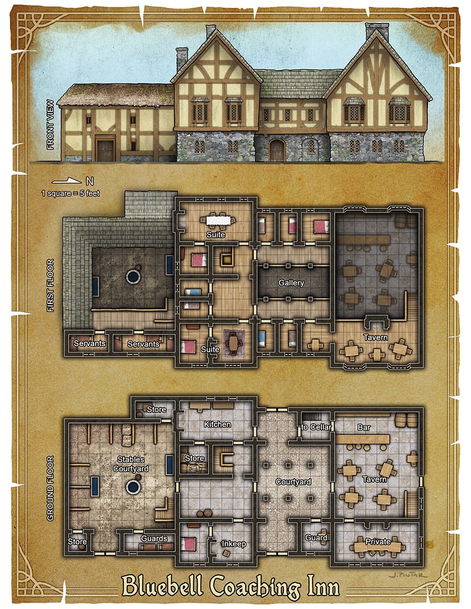 inn map dnd, carte de JDR fantasy (960×1242 pixels) — battlemap pour Roll20 et Foundry VTT.