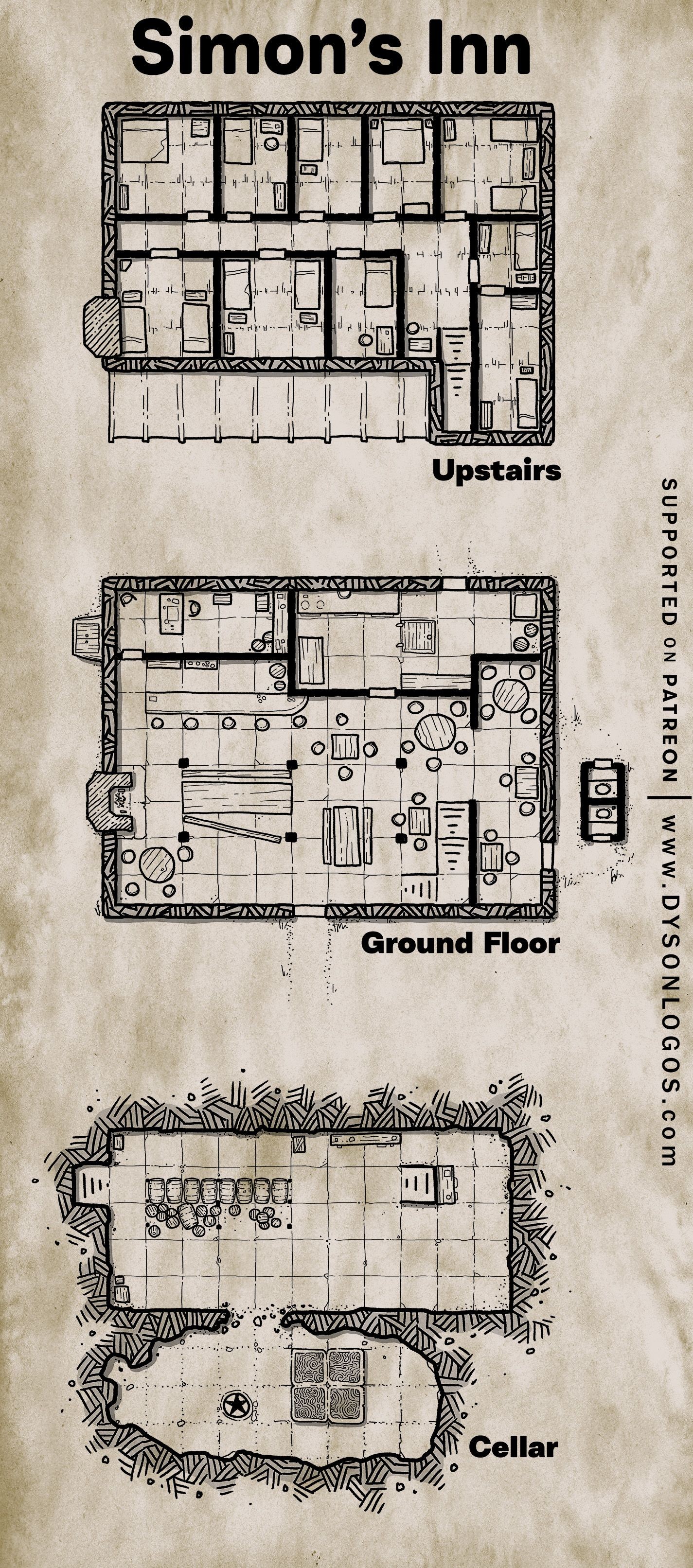 inn map dnd, carte de JDR fantasy (1425×3225 pixels) — battlemap pour Roll20 et Foundry VTT.