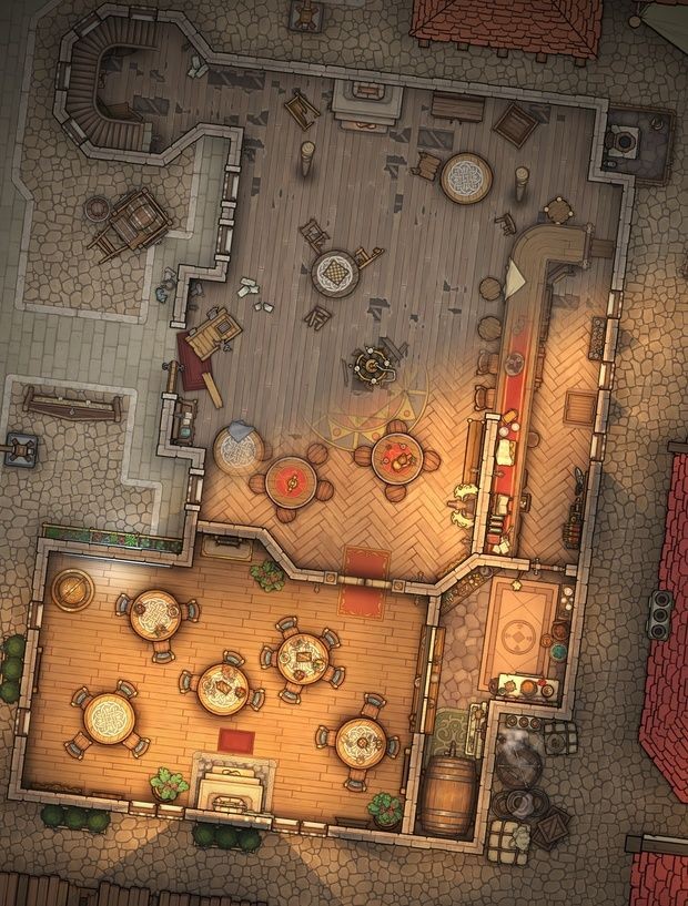 inn map dnd, carte de JDR fantasy (620×817 pixels) — battlemap pour Roll20 et Foundry VTT.