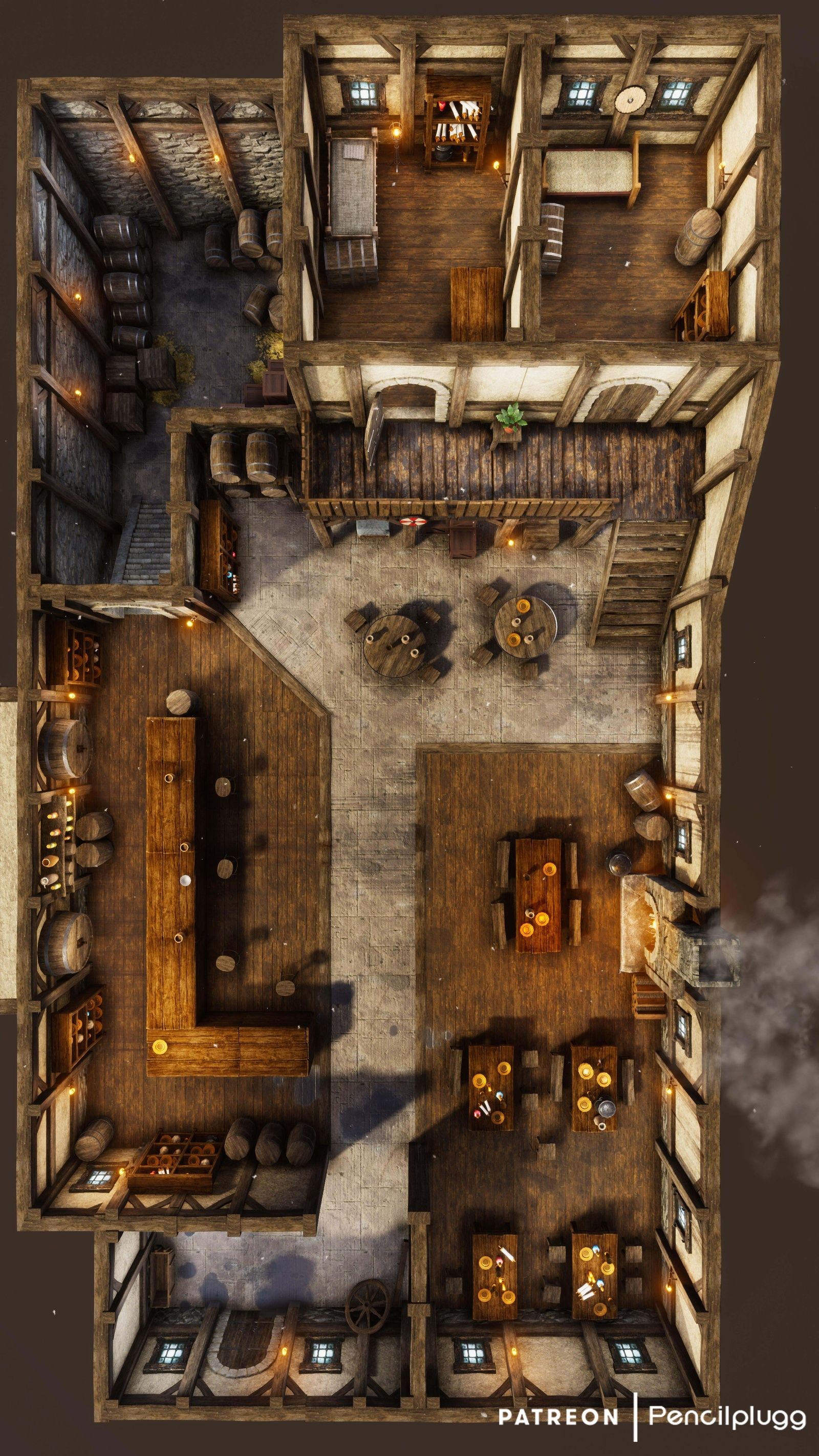 inn map dnd, carte de JDR fantasy (1600×2844 pixels) — battlemap pour Roll20 et Foundry VTT.