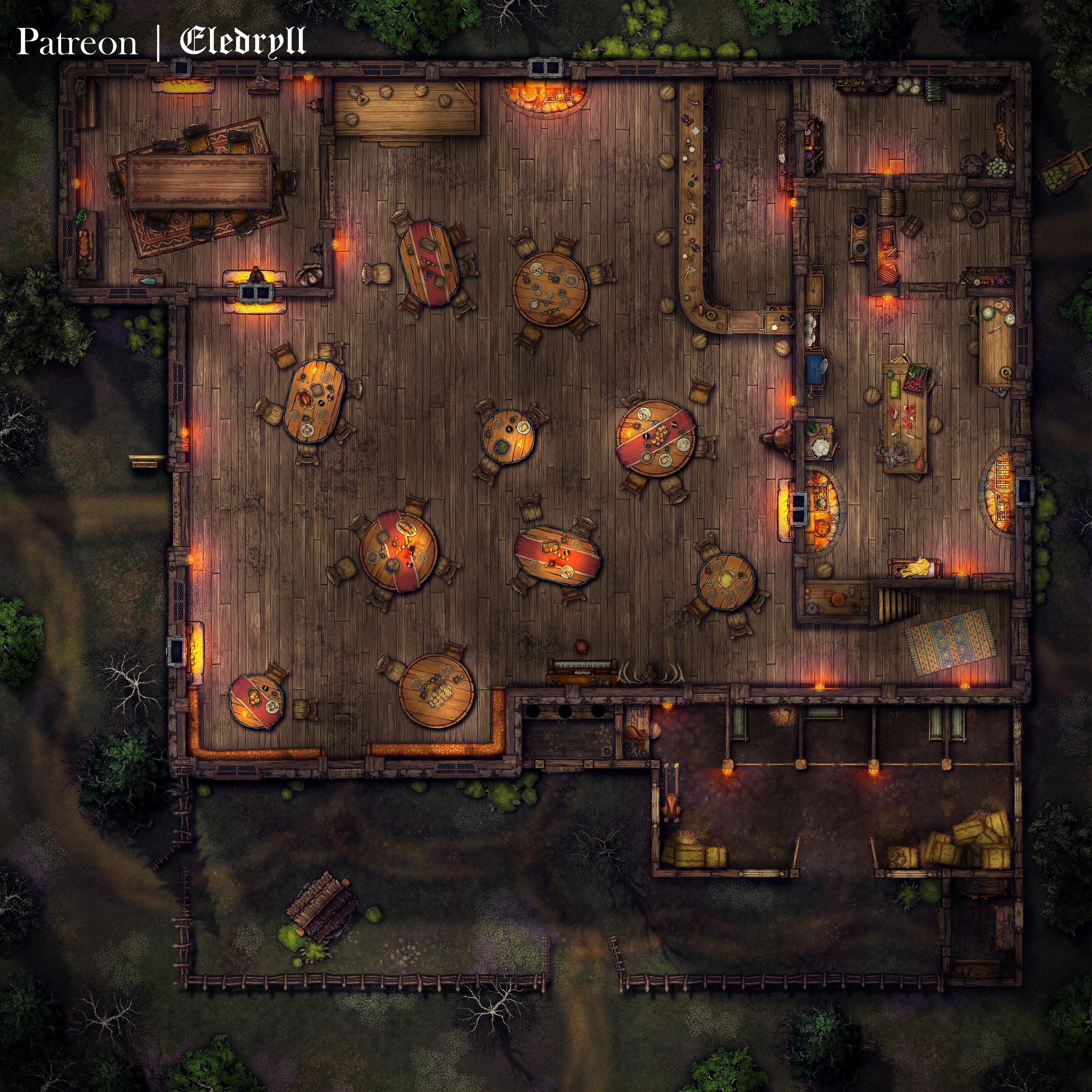 inn map dnd, carte de JDR fantasy (3000×3000 pixels) — battlemap pour Roll20 et Foundry VTT.