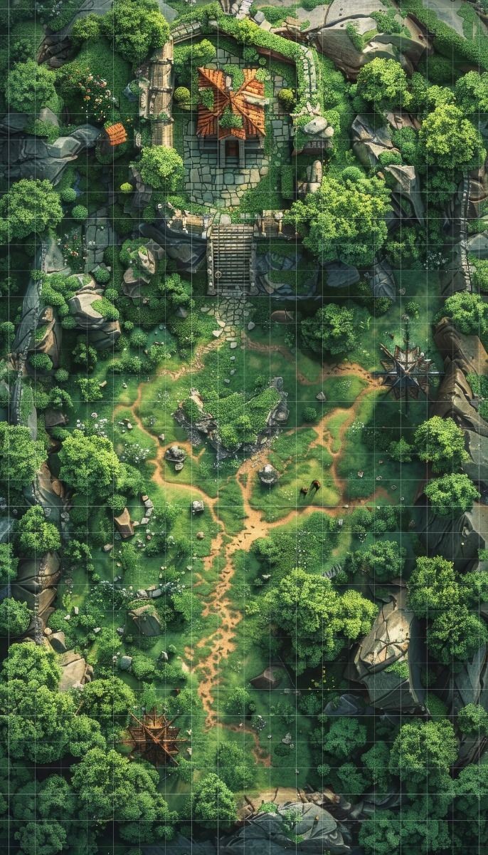 jungle map dnd, carte de JDR fantasy (686×1200 pixels) — battlemap pour Roll20 et Foundry VTT.